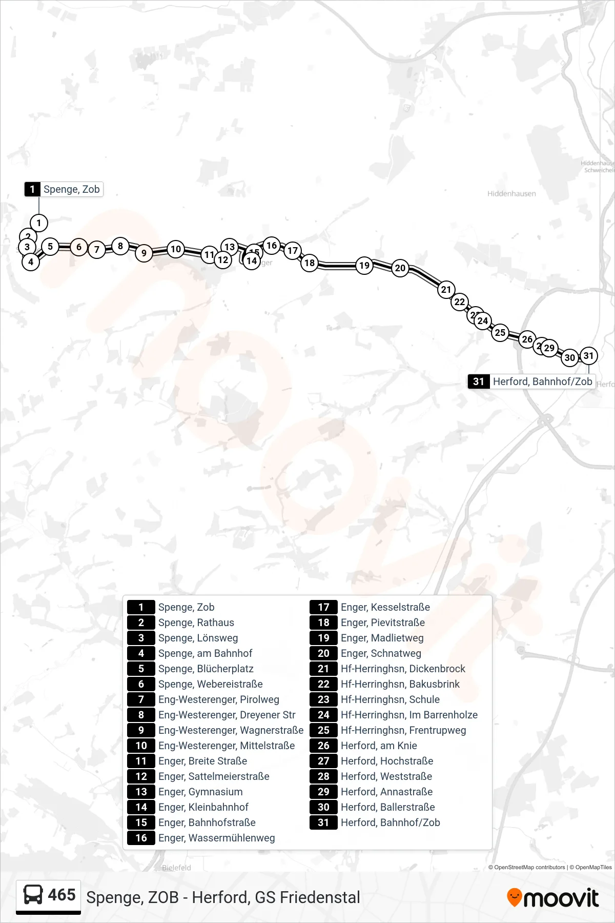 465 bus Line (Herford, Bahnhof/Zob A1) route and stops on a map