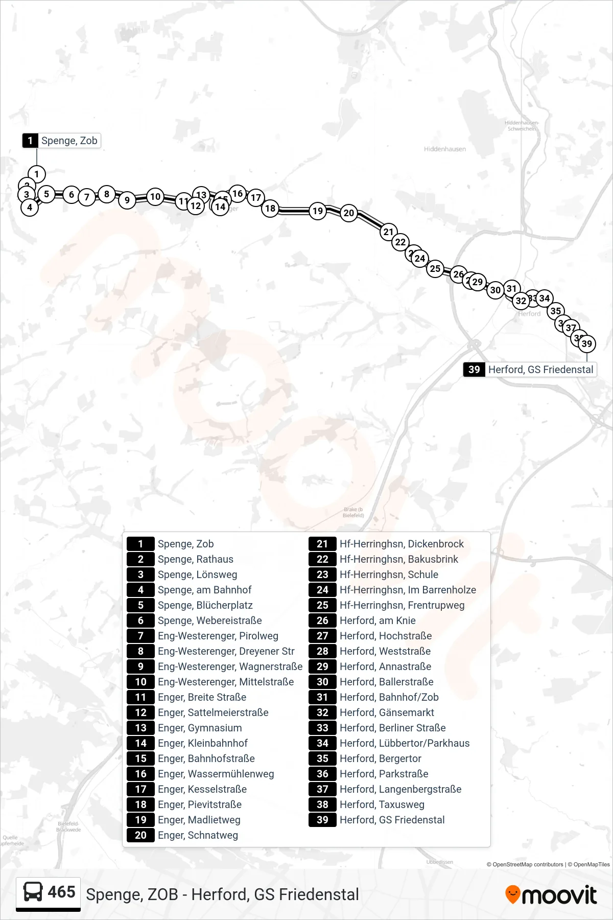 465 bus Line (Herford, GS Friedenstal) route and stops on a map
