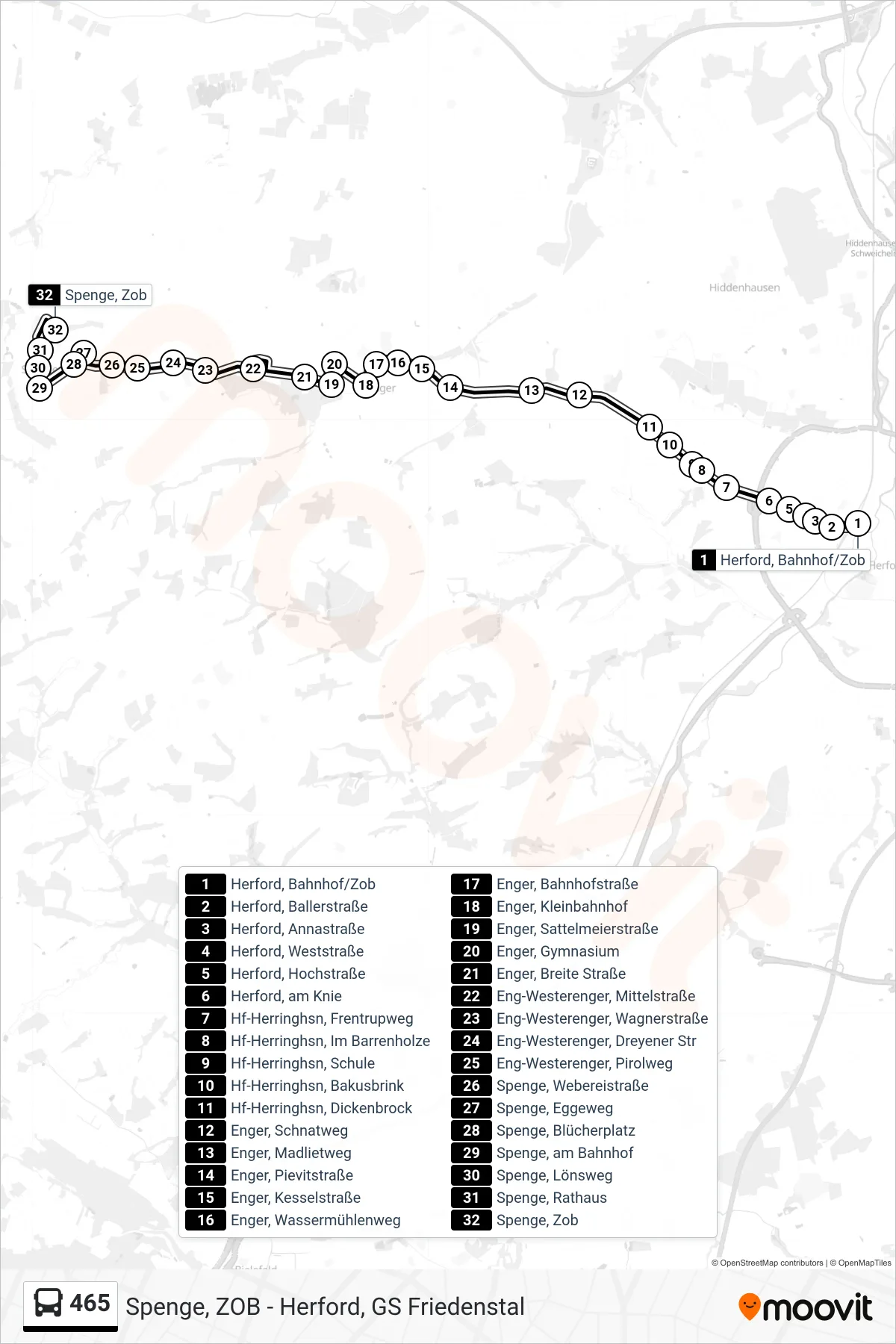465 bus Line (Spenge, Zob) route and stops on a map