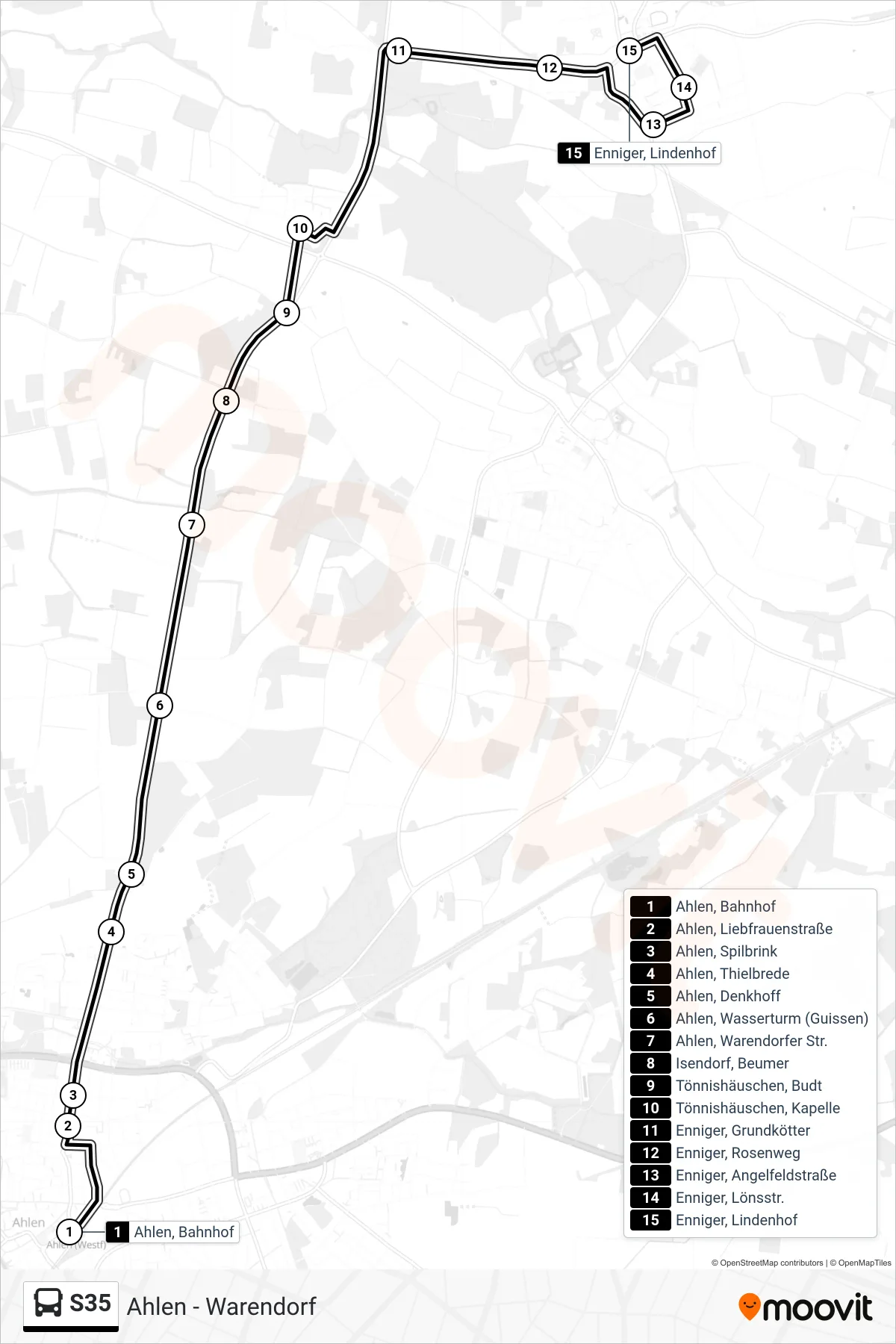 Linie S35 (Tram) Richtung Enniger, Lindenhof: Route und Haltestellen auf der Karte