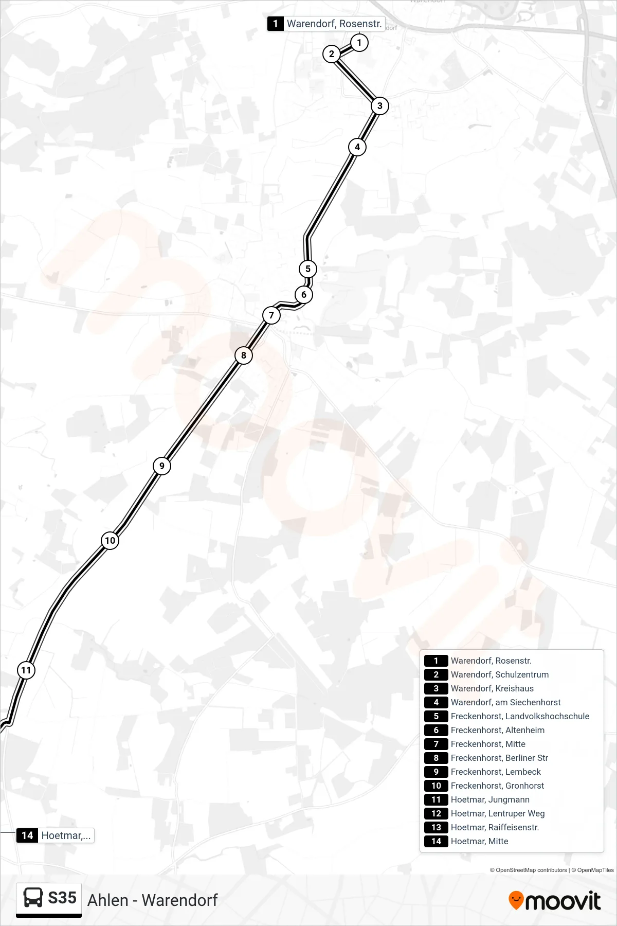 S35 tram Line (Hoetmar, Mitte) route and stops on a map