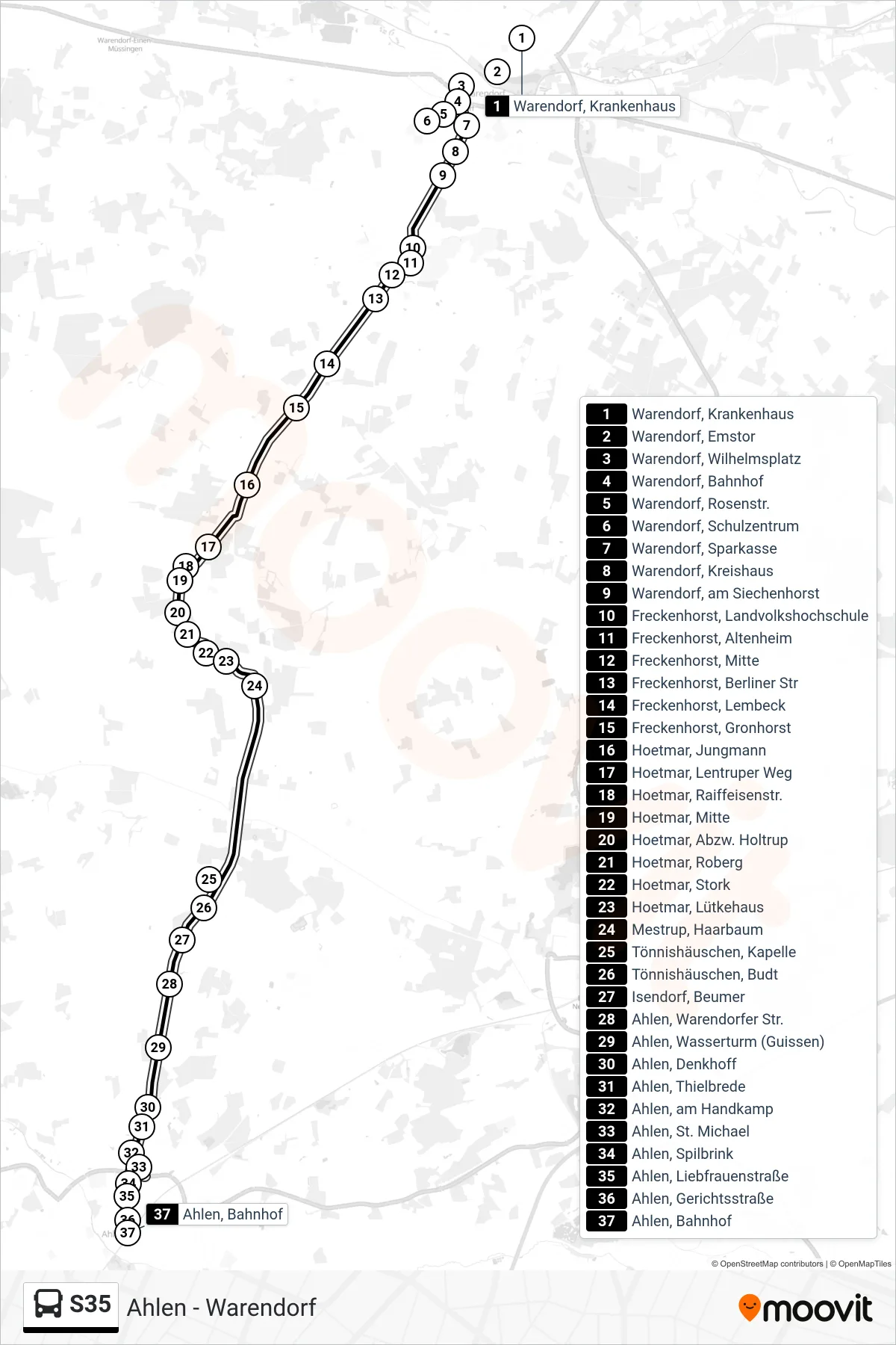 Linie S35 (Tram) Richtung Ahlen, Bahnhof Bstg E: Route und Haltestellen auf der Karte