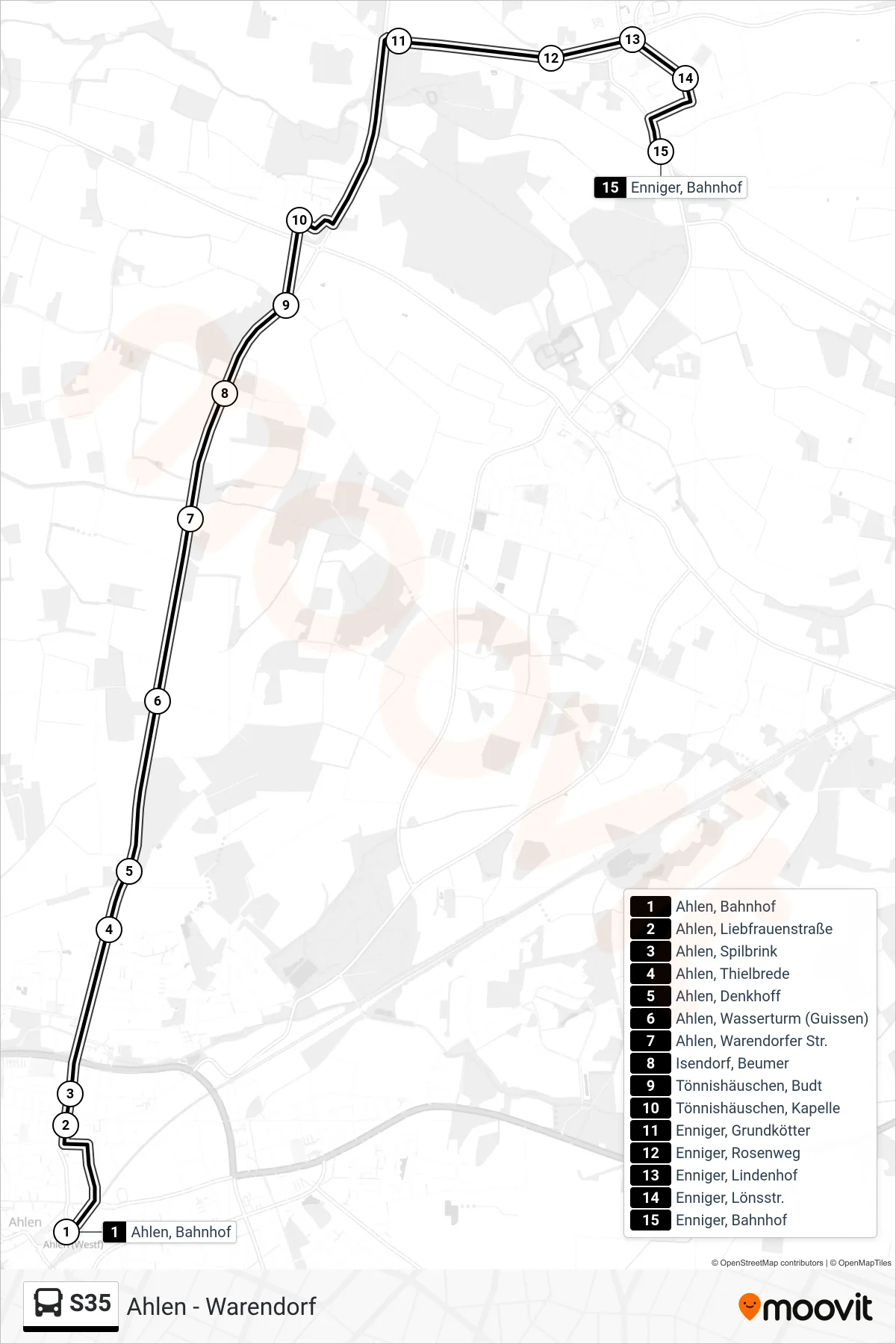 S35 tram Line (Enniger, Bahnhof) route and stops on a map