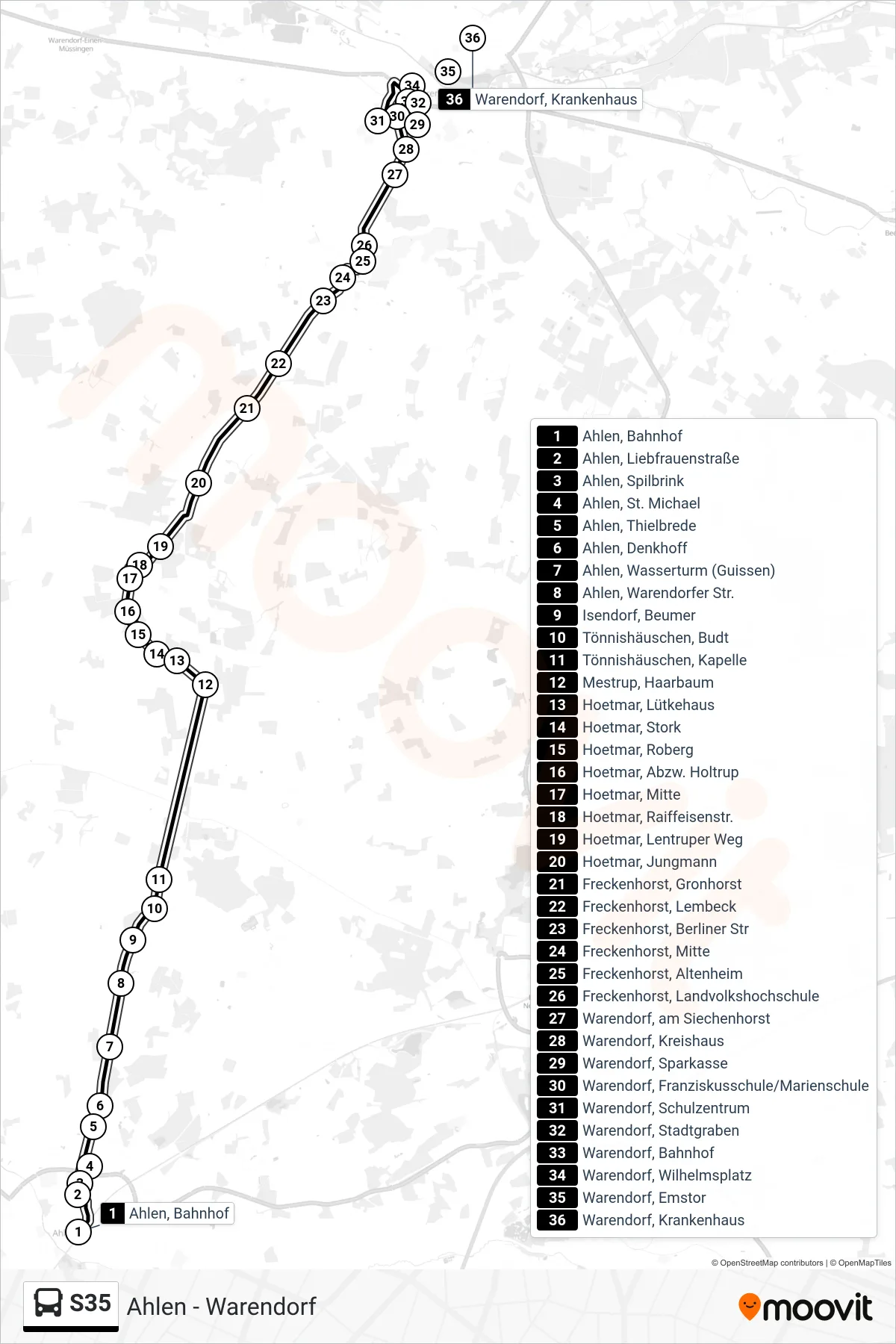 Linie S35 (Tram) Richtung Warendorf: Route und Haltestellen auf der Karte