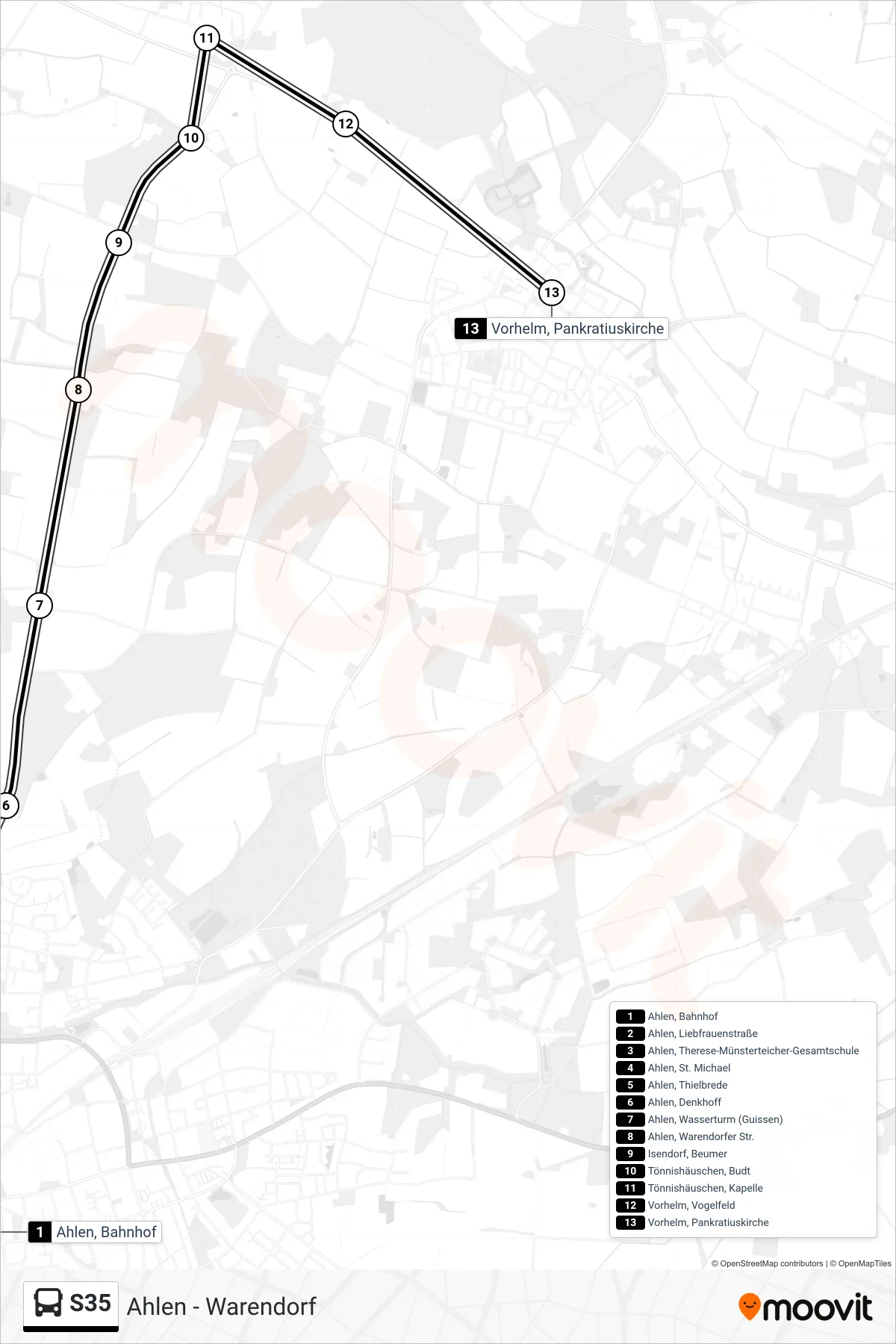Linie S35 (Tram) Richtung Vorhelm, Pankratiuskirche: Route und Haltestellen auf der Karte