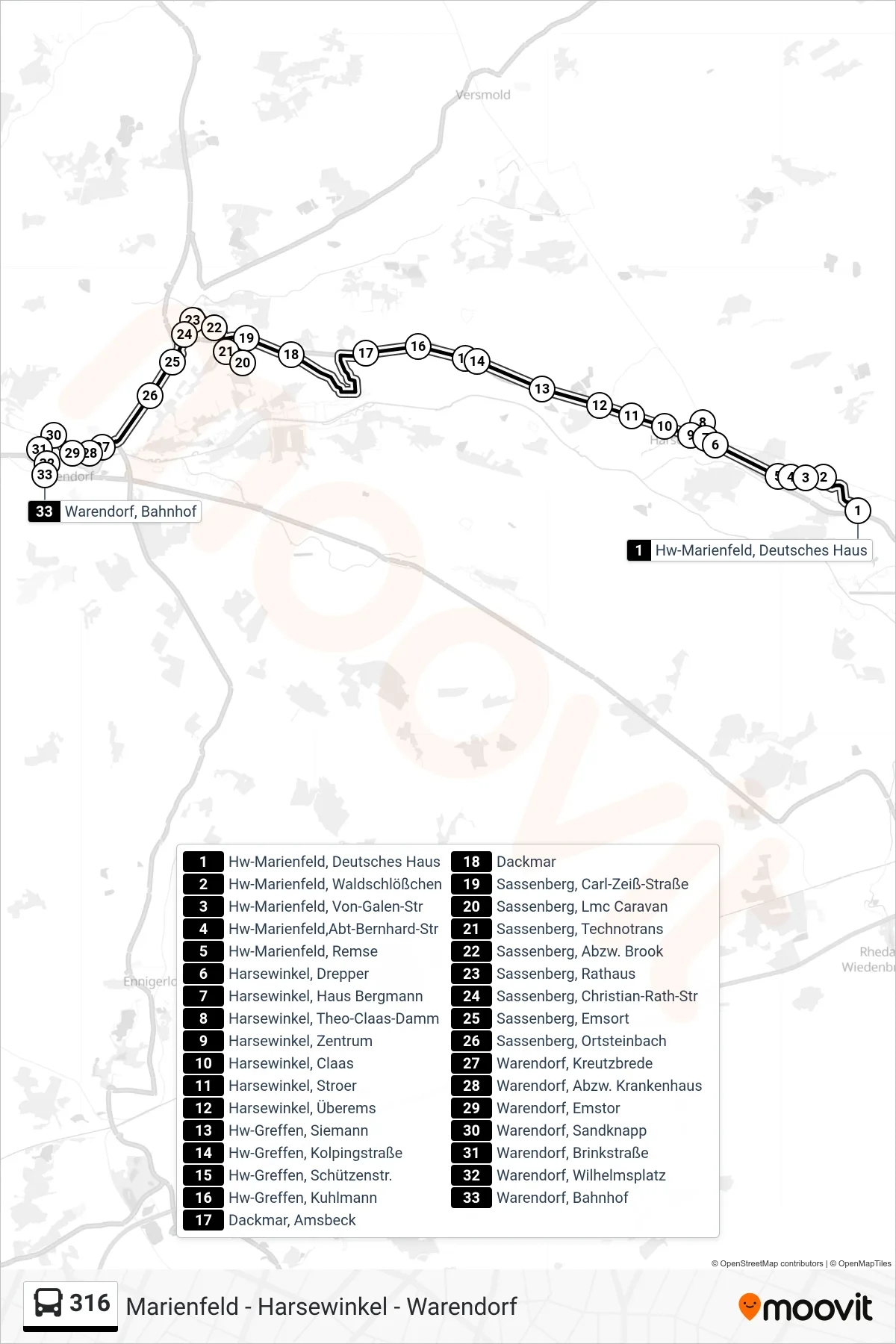 316 tram Line (Warendorf) route and stops on a map