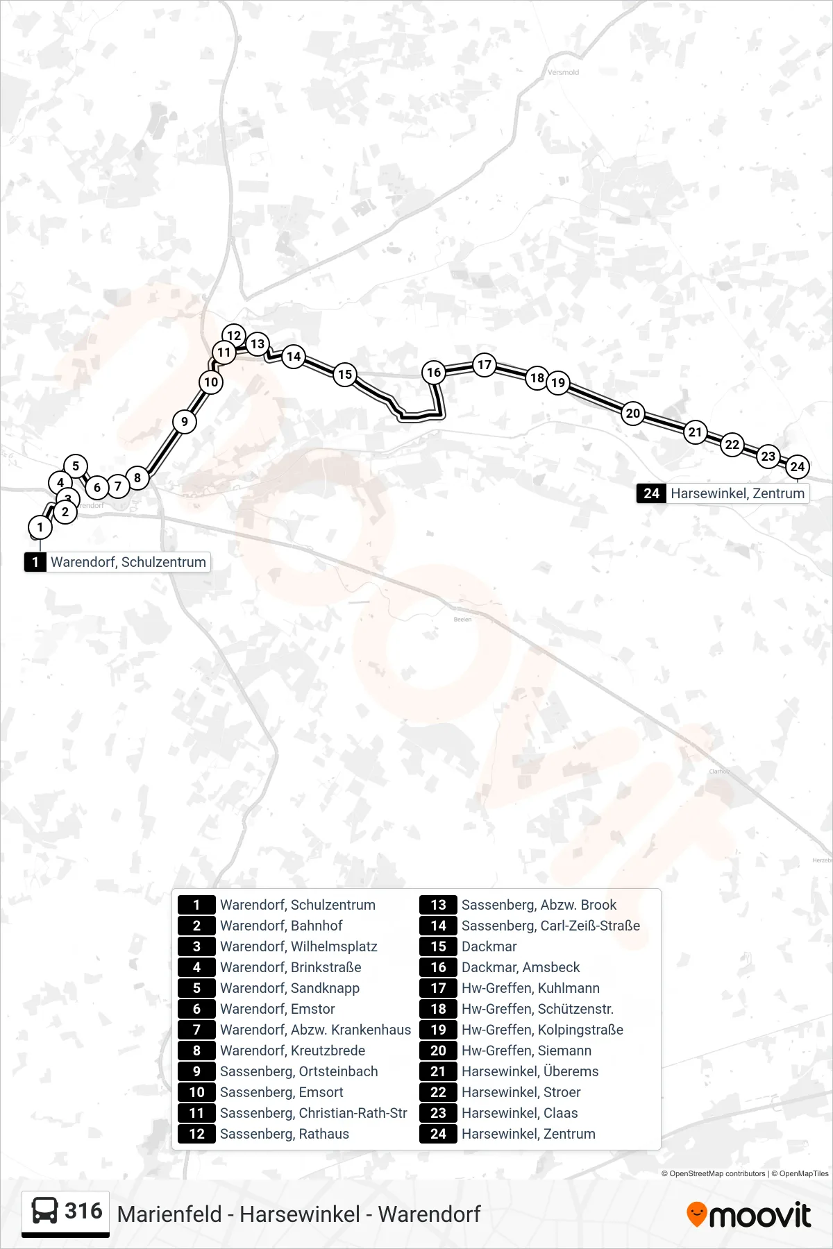 316 tram Line (Harsewinkel, Zentrum) route and stops on a map