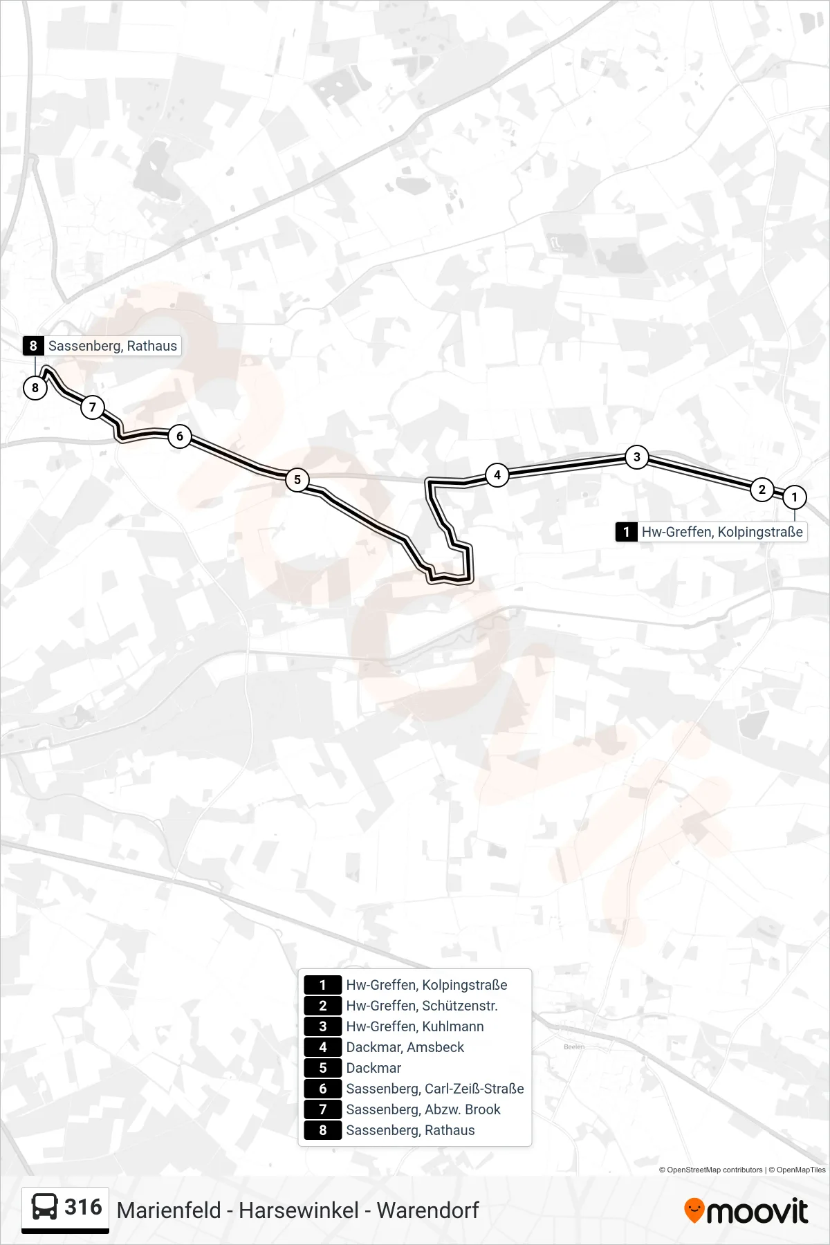 316 tram Line (Sassenberg, Rathaus) route and stops on a map