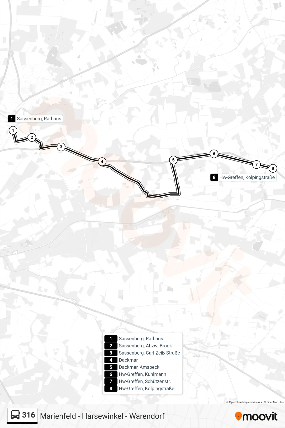 316 tram Line (Hw-Greffen, Kolpingstraße) route and stops on a map