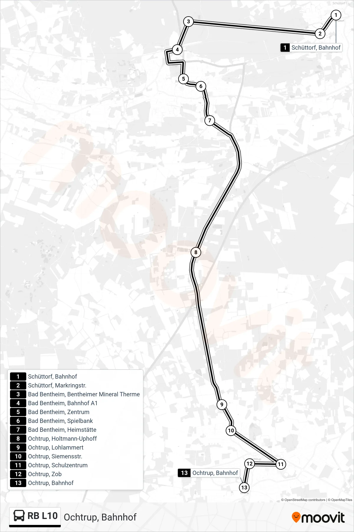 RB L10 bus Line (Ochtrup, Bahnhof) route and stops on a map