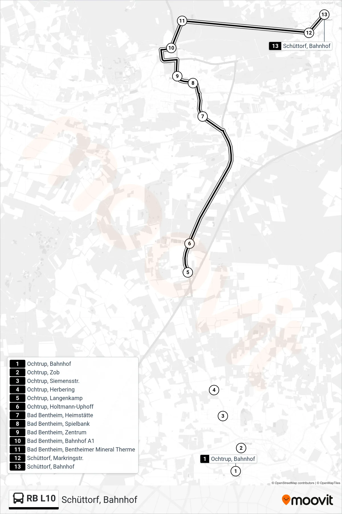 Linie RB L10 (Bus) Richtung Schüttorf, Bahnhof: Route und Haltestellen auf der Karte