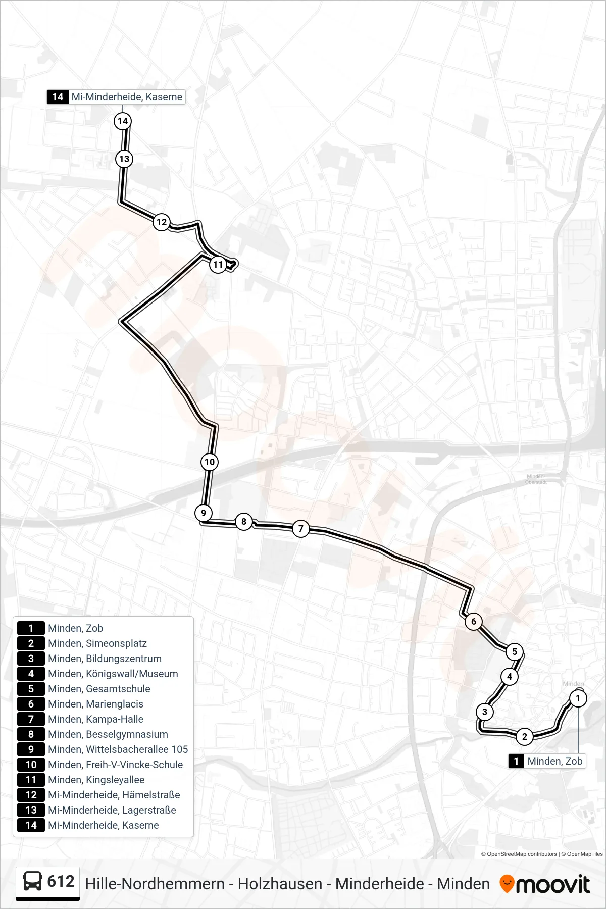 612 bus Line (Mi-Minderheide, Kaserne) route and stops on a map