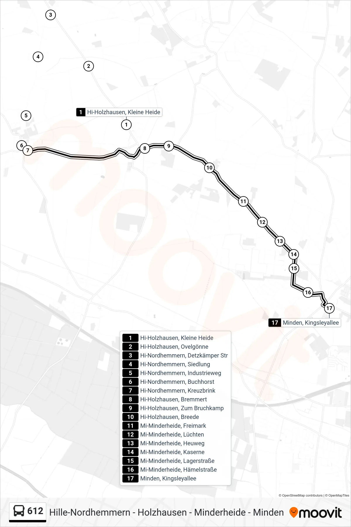 Linie 612 (Bus) Richtung Minden, Kingsleyallee: Route und Haltestellen auf der Karte