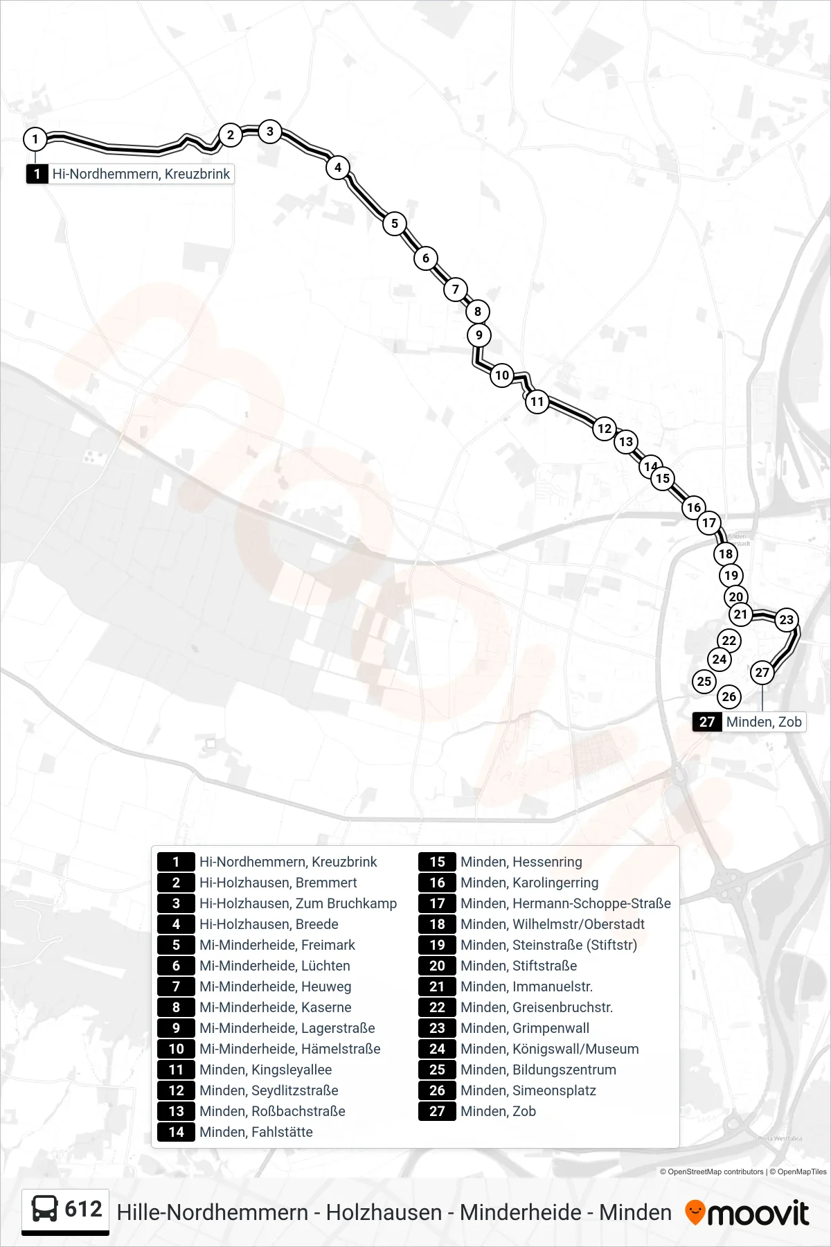 612 bus Line (Minden, Zob) route and stops on a map