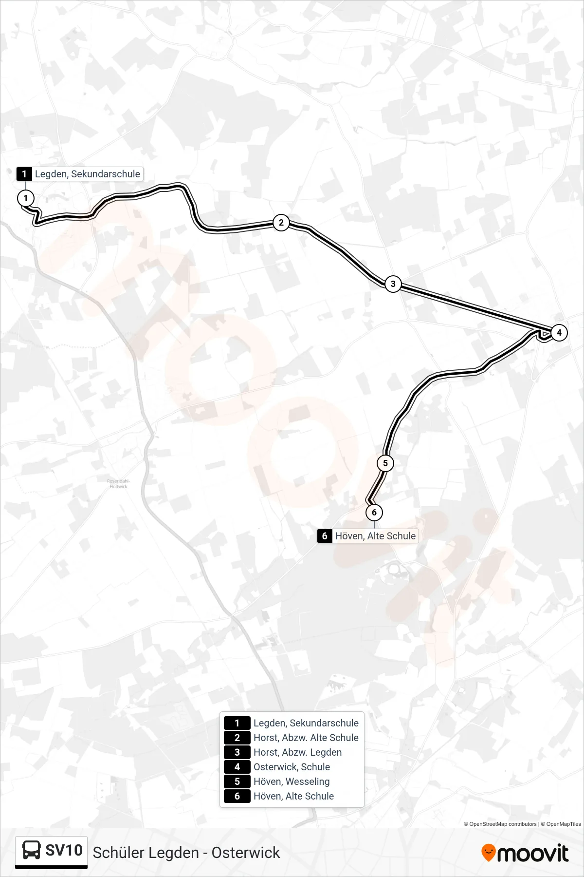 SV10 bus Line (Höven, Alte Schule) route and stops on a map