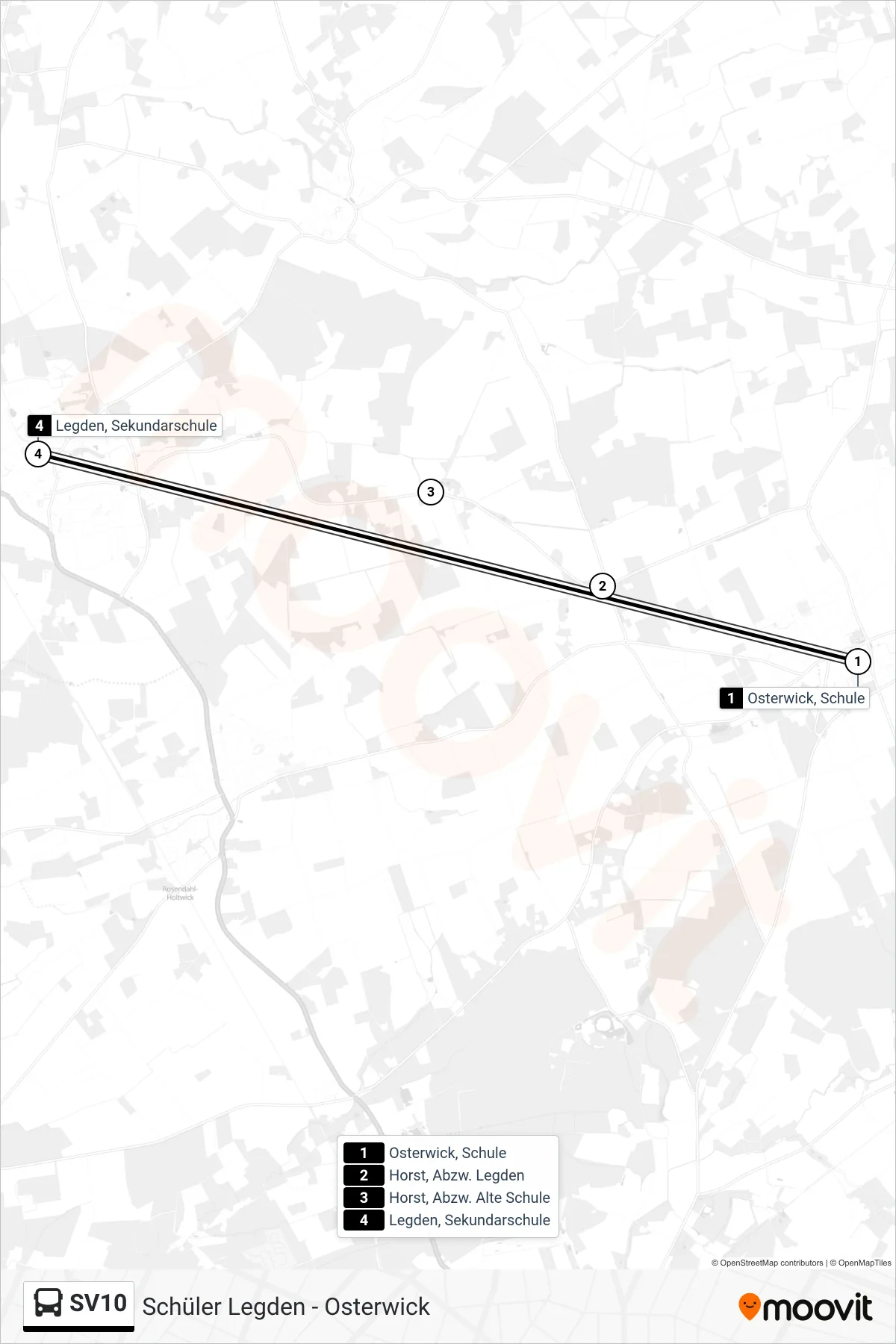 SV10 bus Line (Legden, Sekundarschule) route and stops on a map