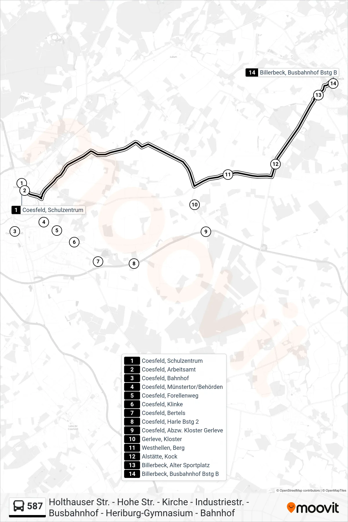 Linie 587 (Bus) Richtung Billerbeck, Busbahnhof Bstg B: Route und Haltestellen auf der Karte
