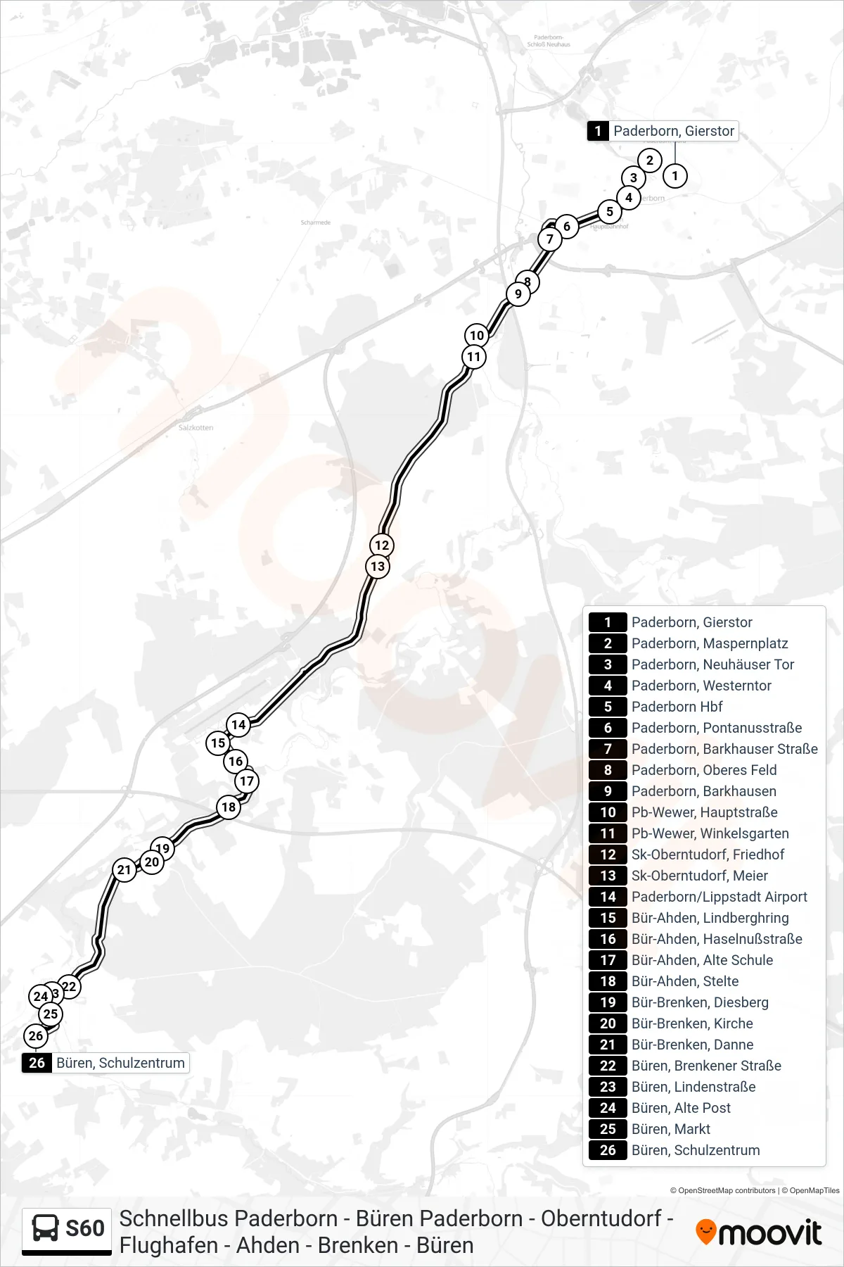 S60 bus Line (Büren, Schulzentrum) route and stops on a map
