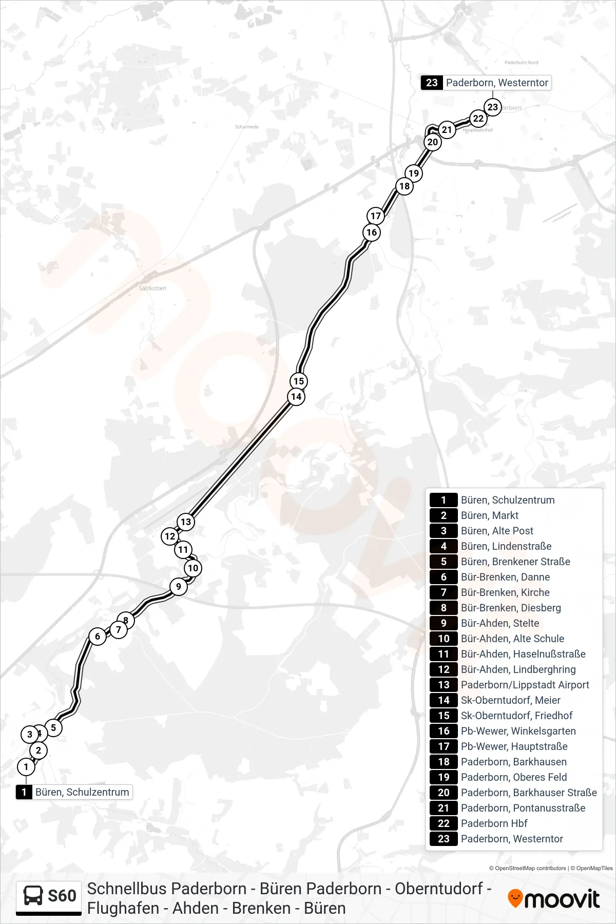 Linie S60 (Bus) Richtung Paderborn, Westerntor Steig C: Route und Haltestellen auf der Karte