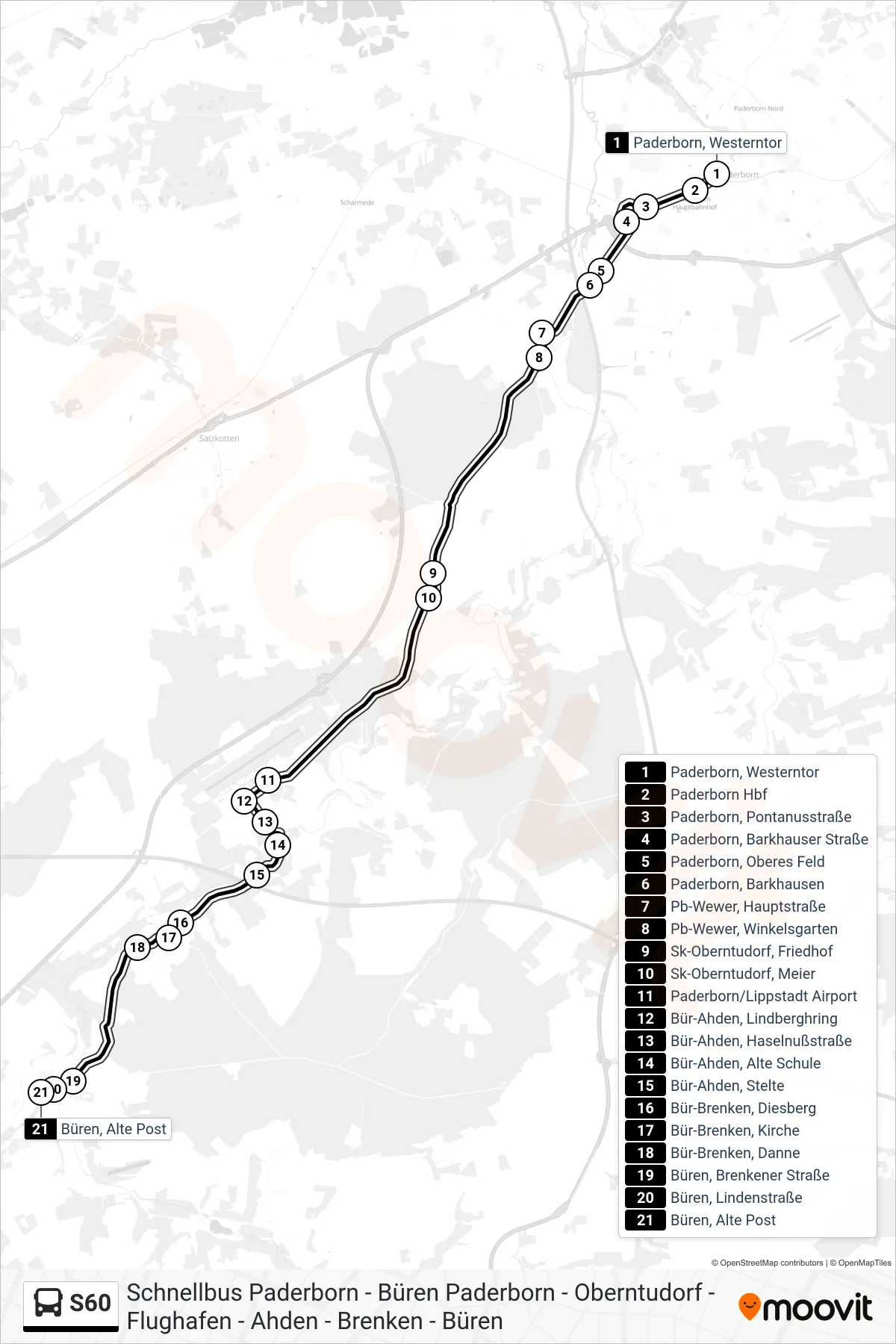 S60 bus Line (Büren, Alte Post) route and stops on a map
