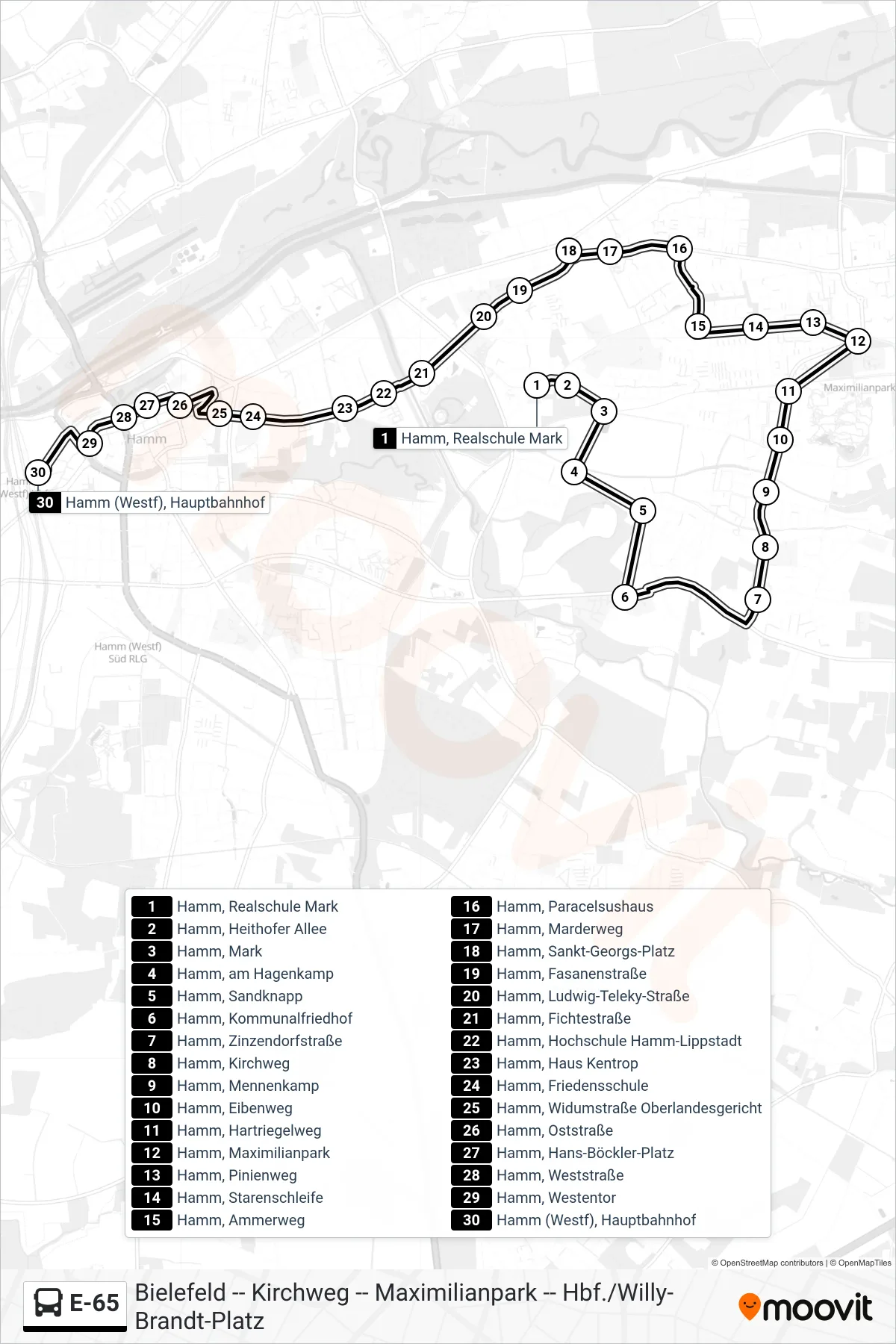 Linie E-65 (Bus) Richtung Hamm (Westf), Hauptbahnhof Bstg 1+2: Route und Haltestellen auf der Karte