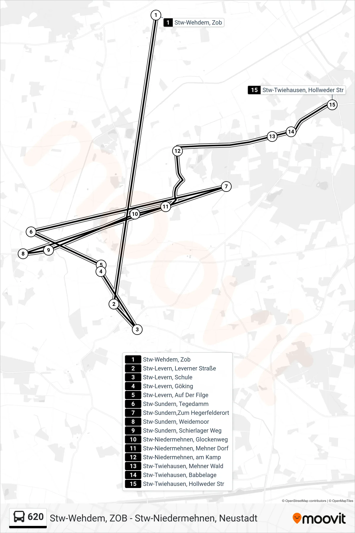 620 bus Line (Twiehausen Hollweder Str.) route and stops on a map