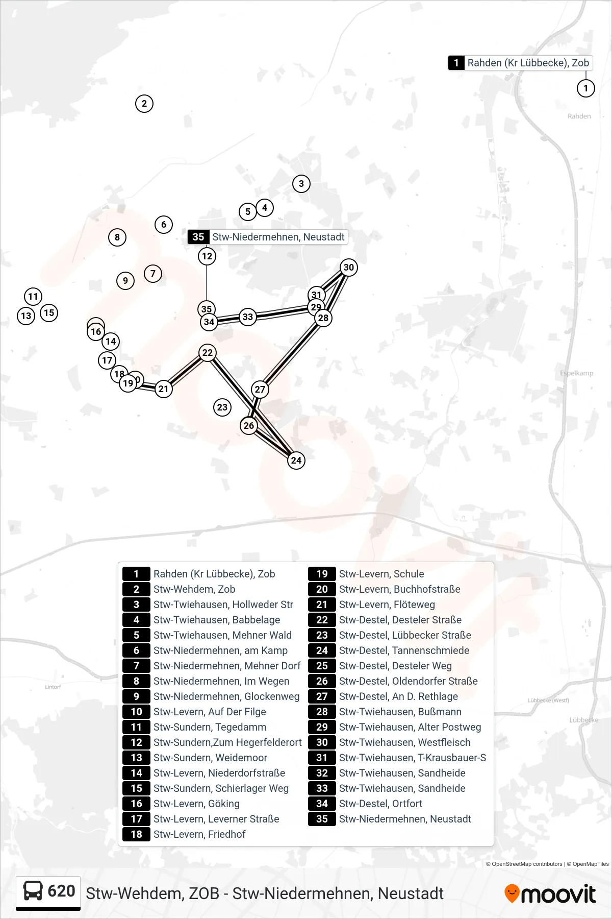620 bus Line (Niedermehnen Neustadt) route and stops on a map