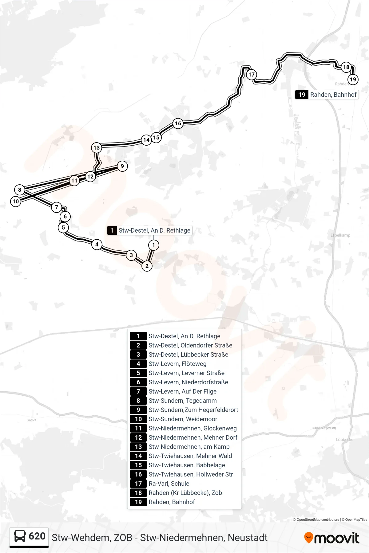 620 bus Line (Rahden Bahnhof) route and stops on a map
