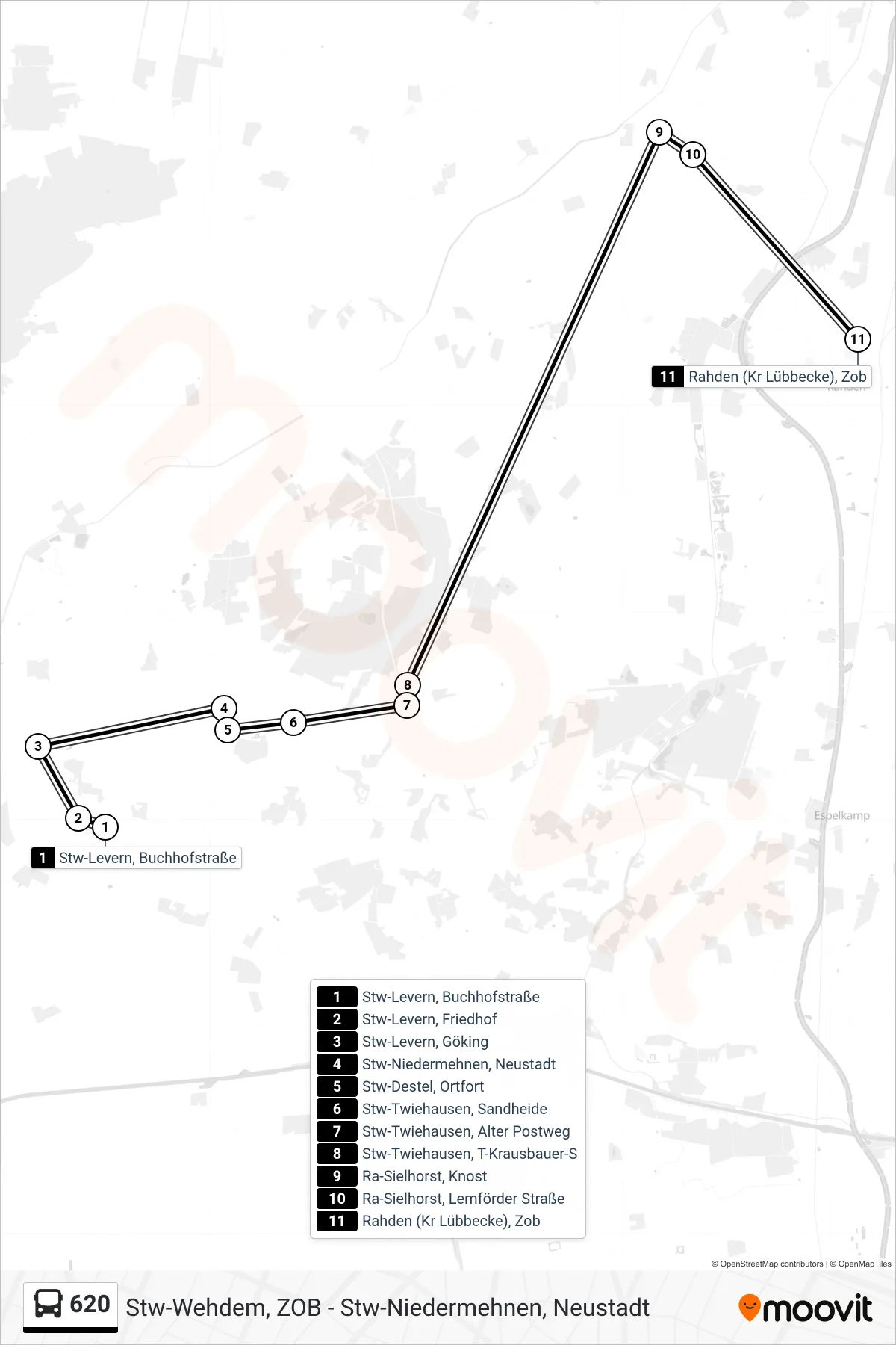 620 bus Line (Rahden Schulzentrum) route and stops on a map