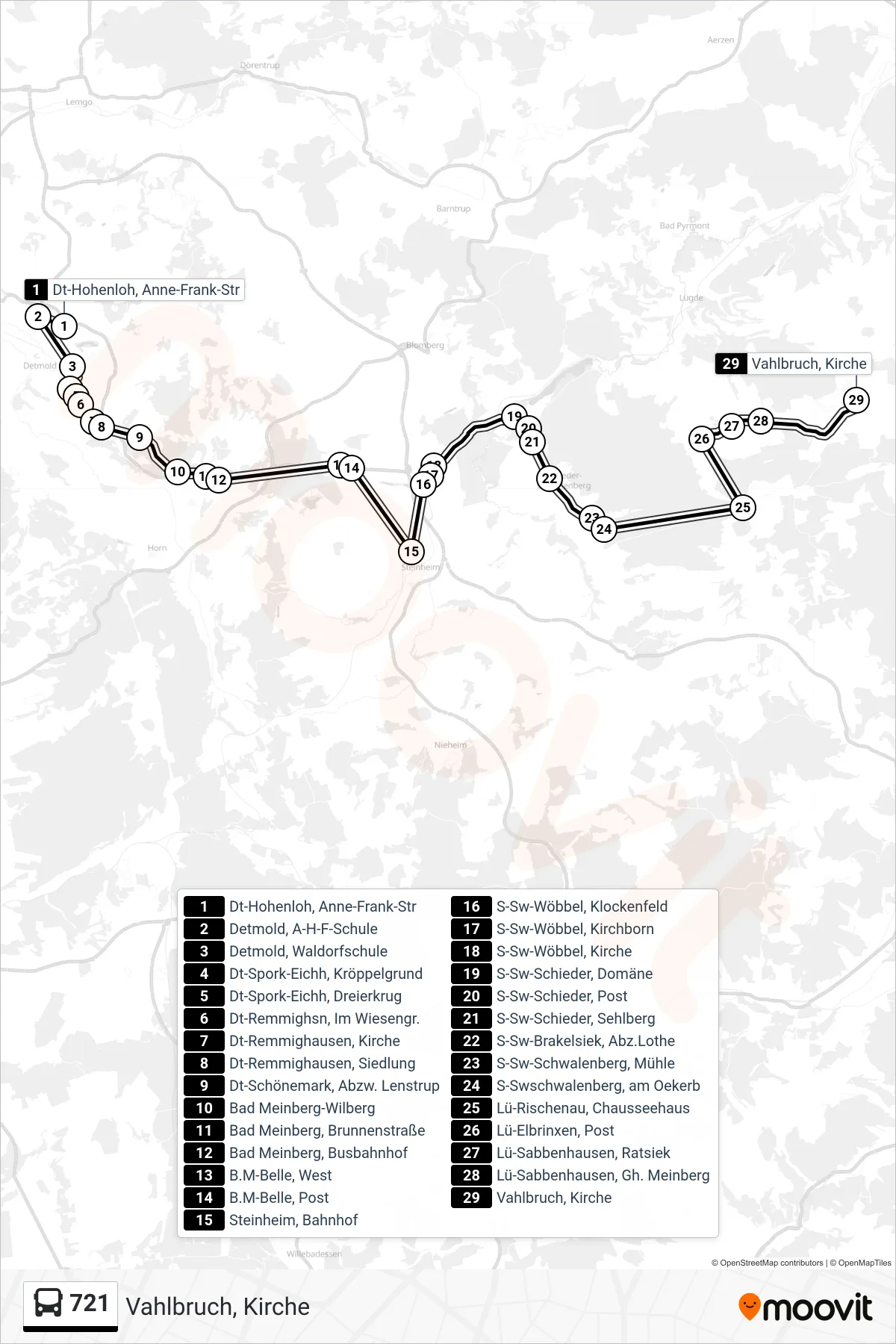 721 bus Line (Vahlbruch, Kirche) route and stops on a map