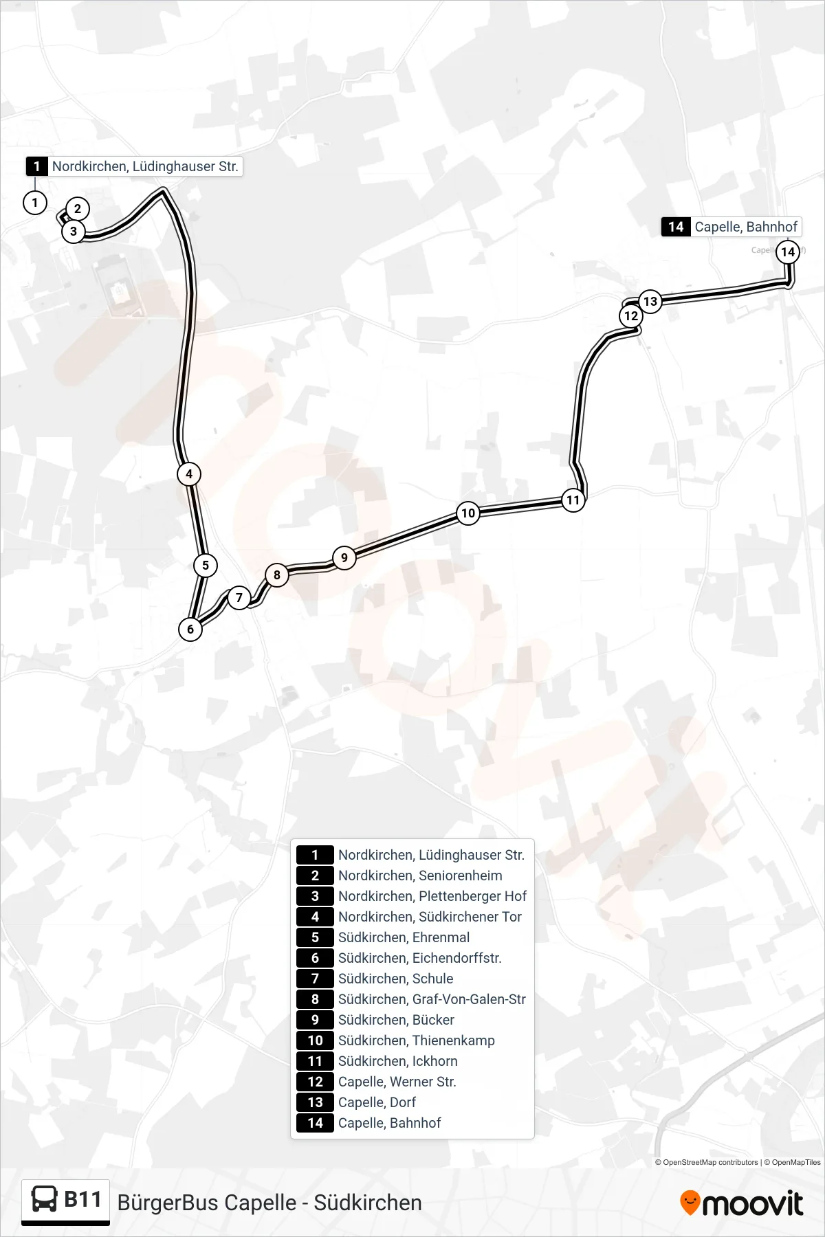 Linie B11 (Bus) Richtung Capelle, Bahnhof: Route und Haltestellen auf der Karte