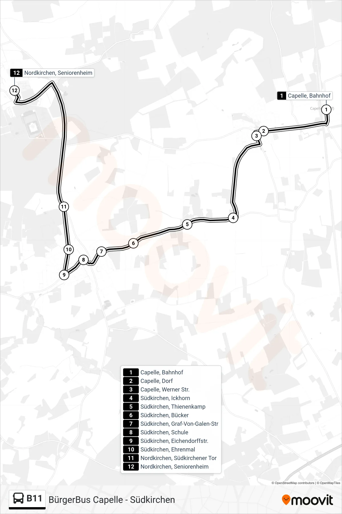 B11 bus Line (Nordkirchen, Seniorenheim) route and stops on a map
