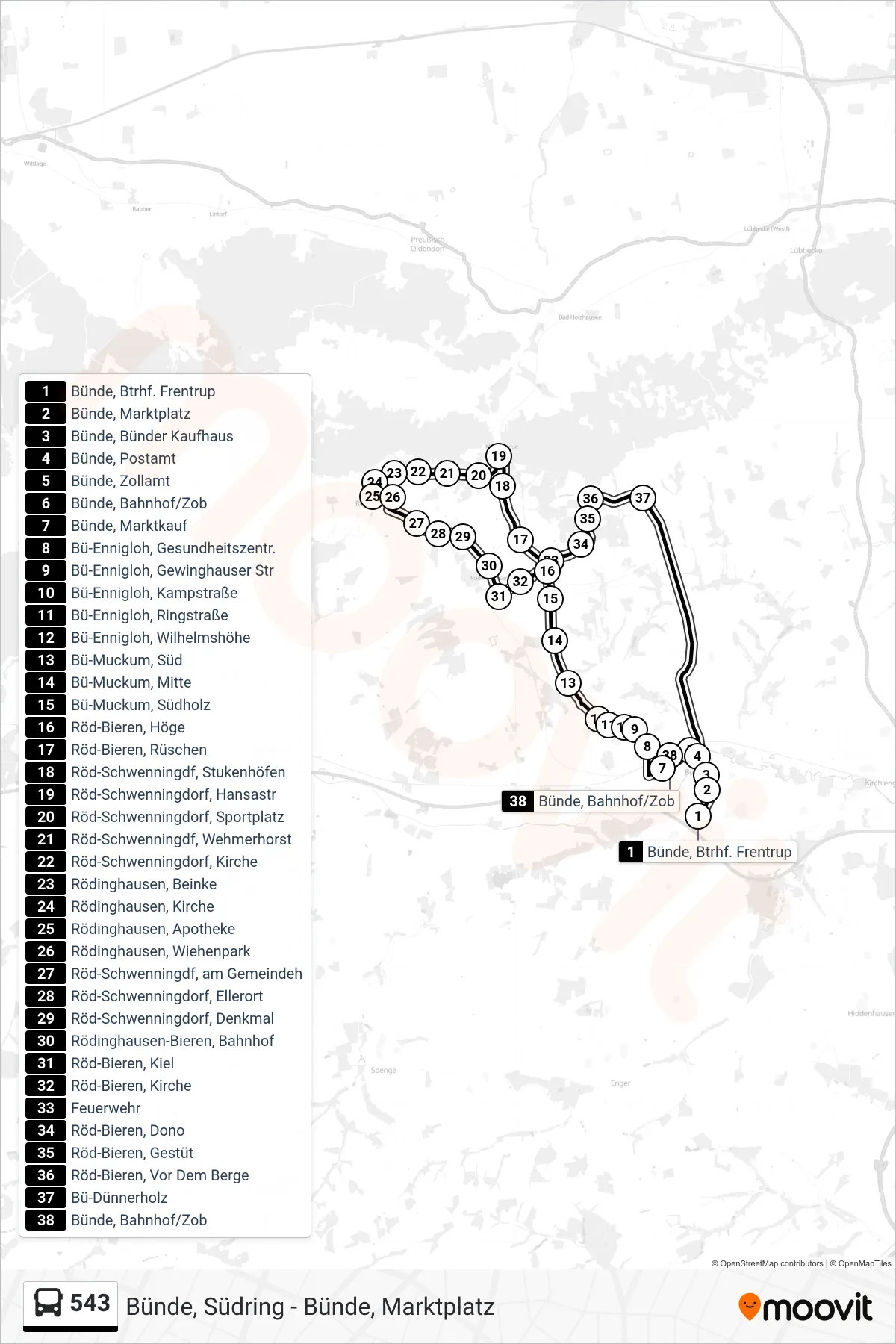 543 bus Line (Bünde, Bahnhof/Zob 6) route and stops on a map