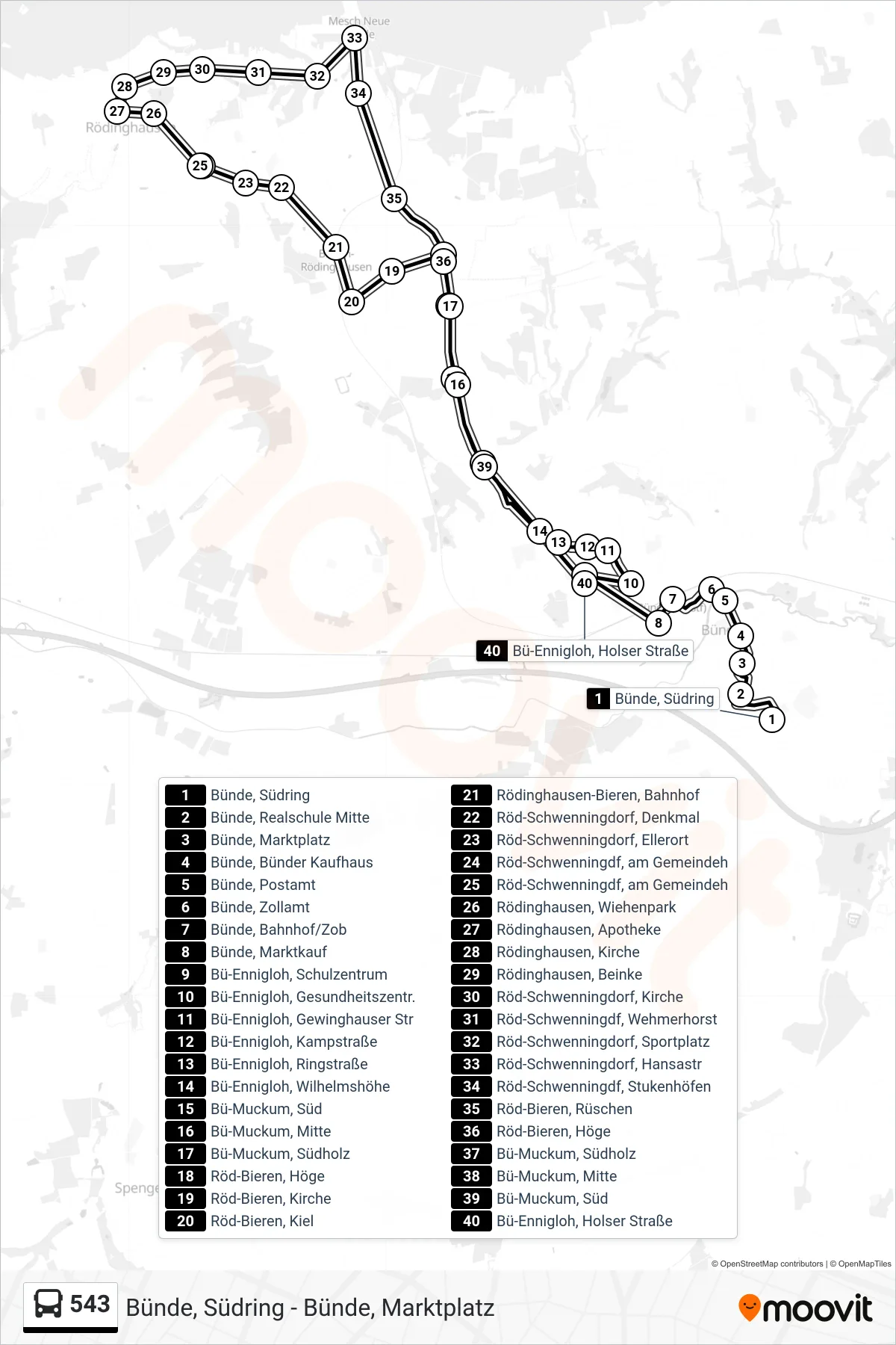 543 bus Line (Bü-Ennigloh, Holser Straße) route and stops on a map