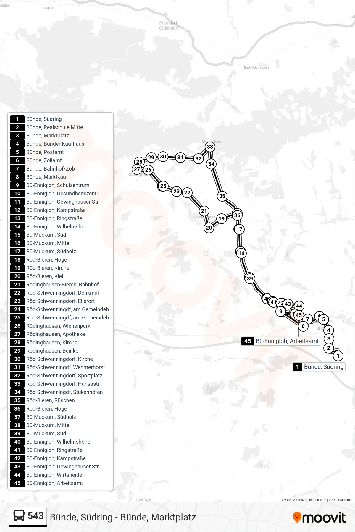 543 bus Line (Bü-Ennigloh, Schulzentrum) route and stops on a map