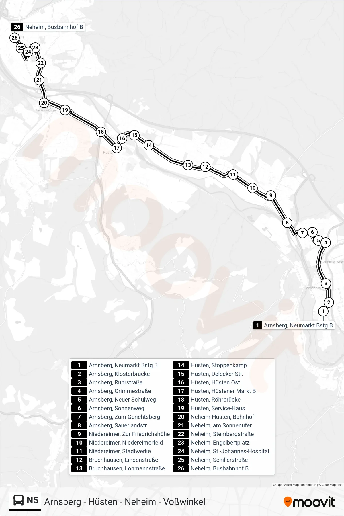 N5 bus Line (Neheim, Busbahnhof B) route and stops on a map