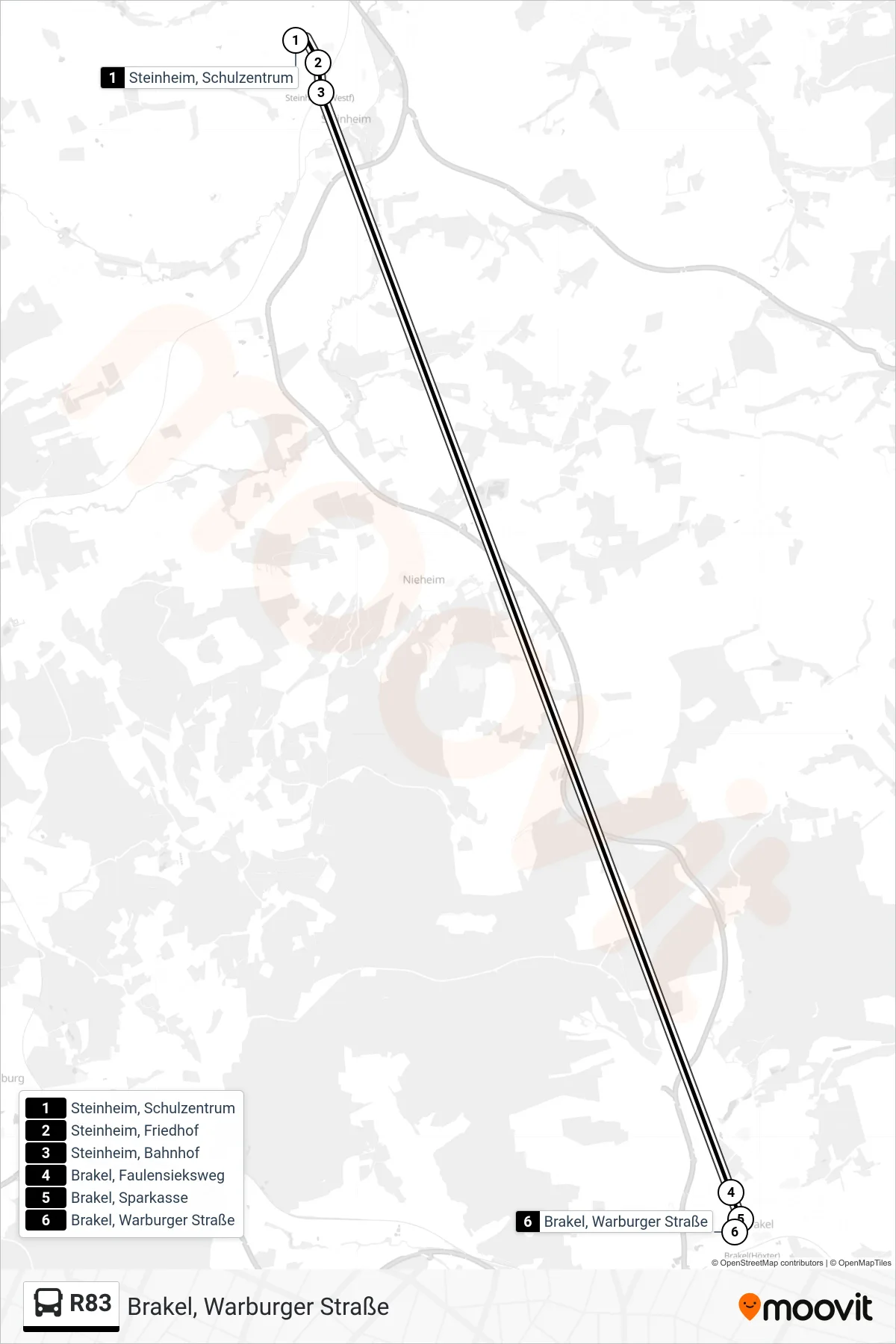 R83 bus Line (Brakel, Warburger Straße) route and stops on a map