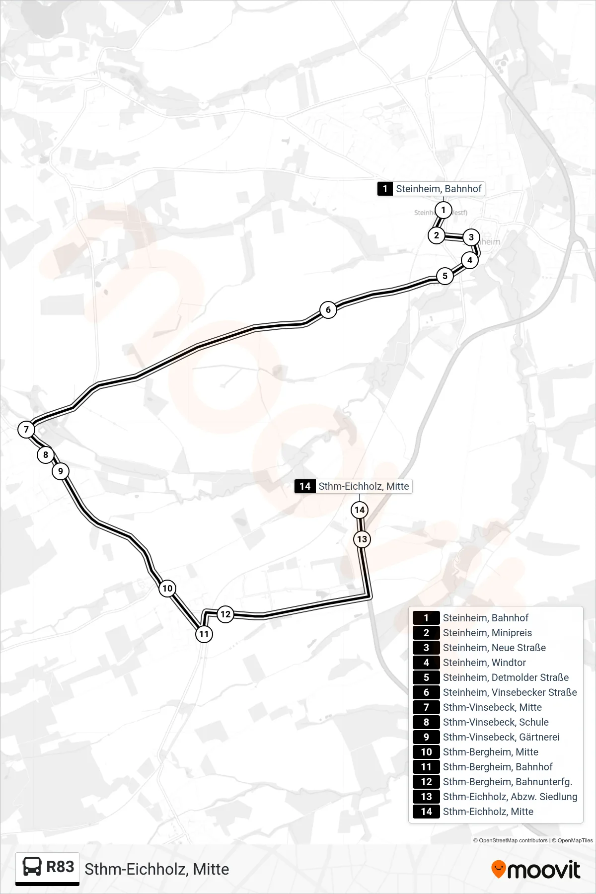 Linie R83 (Bus) Richtung Sthm-Eichholz, Mitte: Route und Haltestellen auf der Karte
