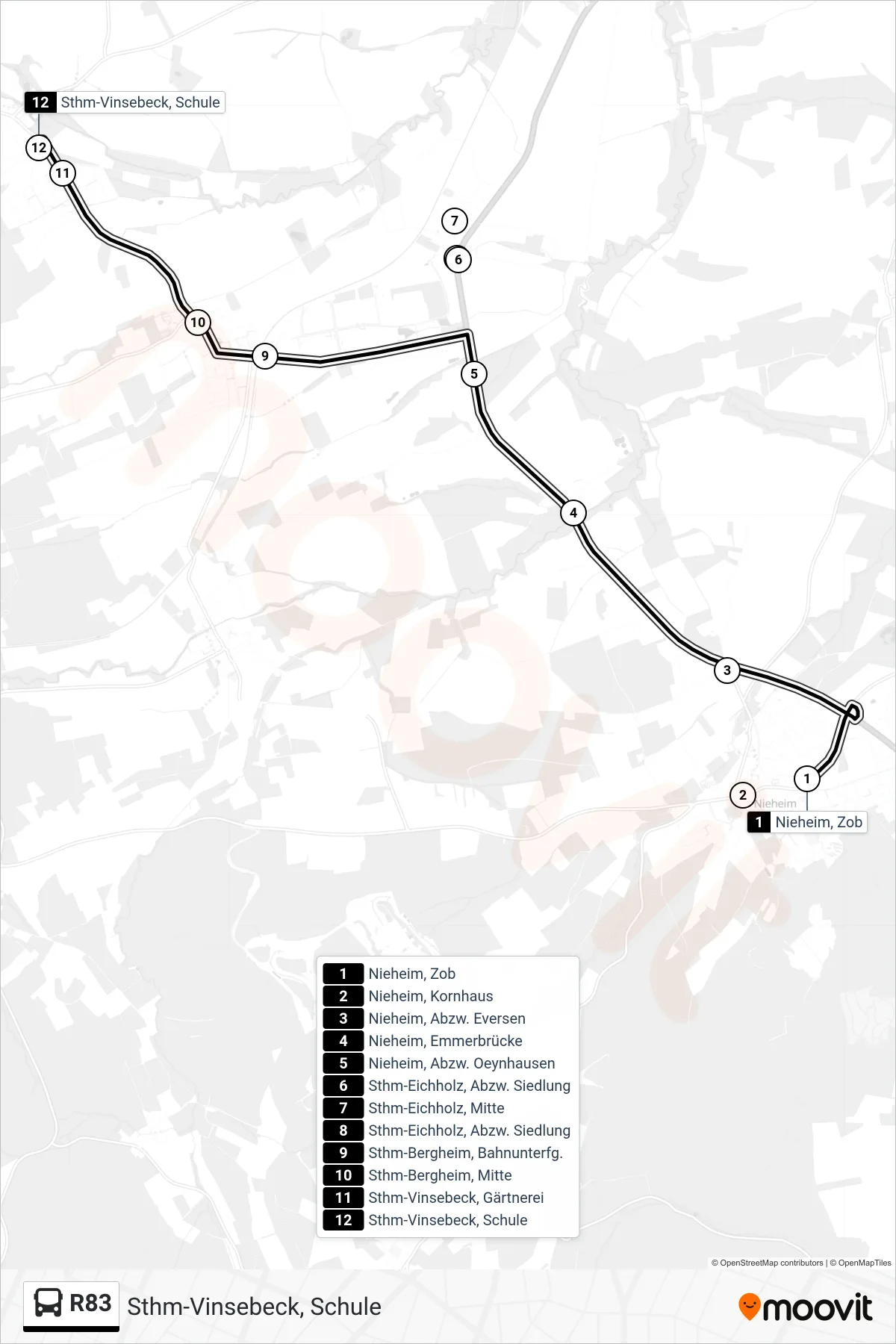 R83 bus Line (Sthm-Vinsebeck, Schule) route and stops on a map