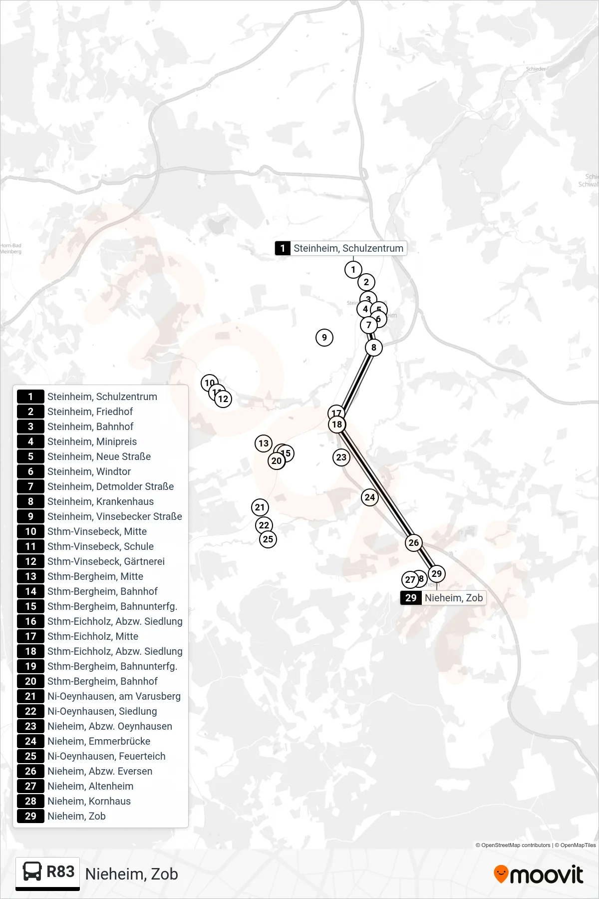 R83 bus Line (Nieheim, Zob) route and stops on a map
