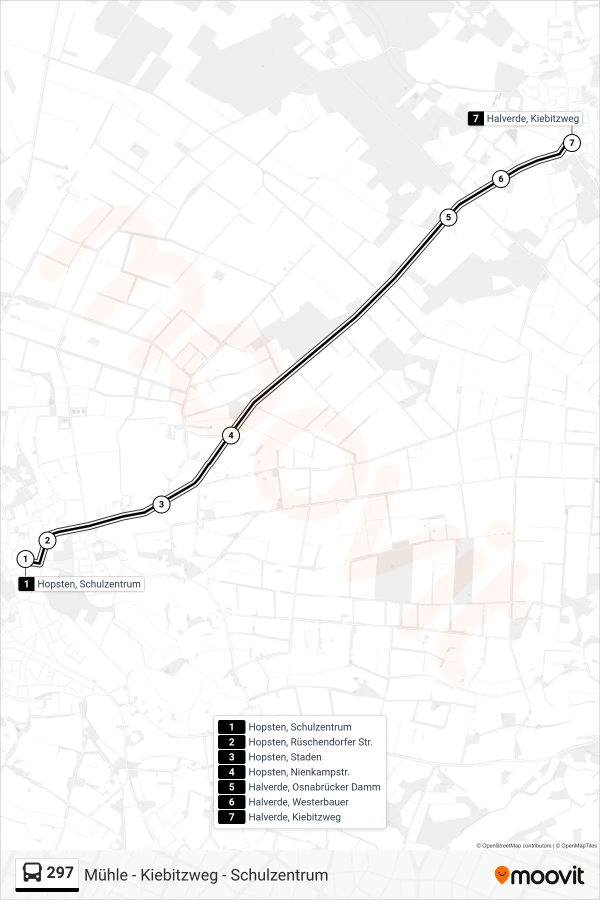 297 bus Line (Halverde, Kiebitzweg) route and stops on a map