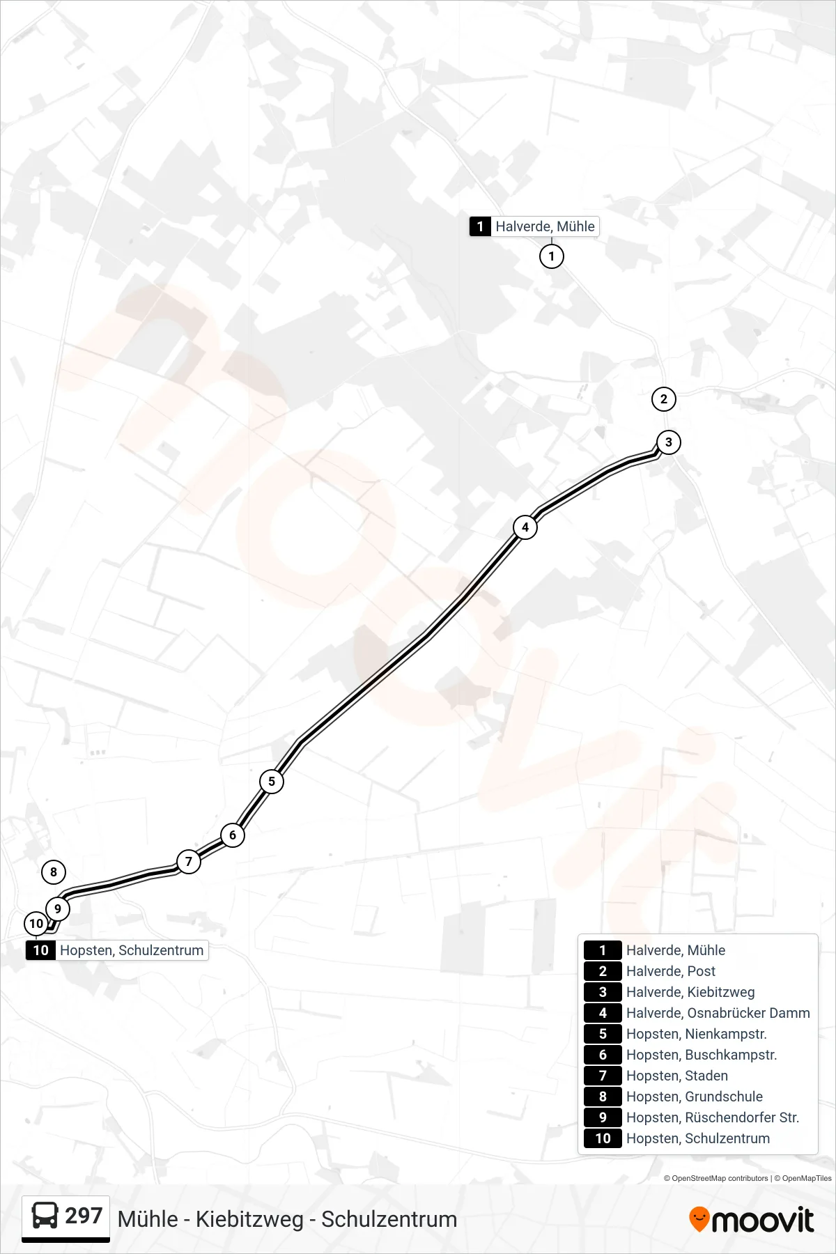 297 bus Line (Hopsten, Schulzentrum) route and stops on a map
