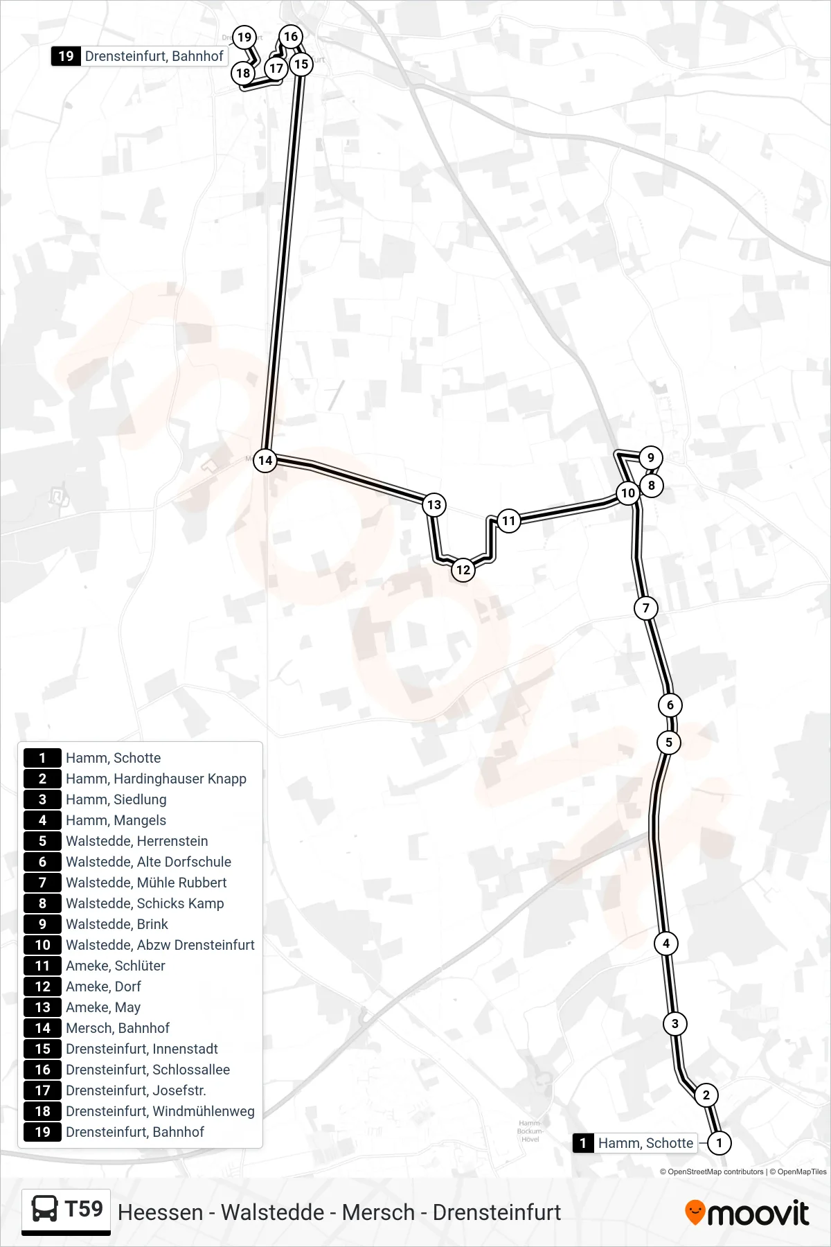 T59 bus Line (Drensteinfurt, Bahnhof) route and stops on a map