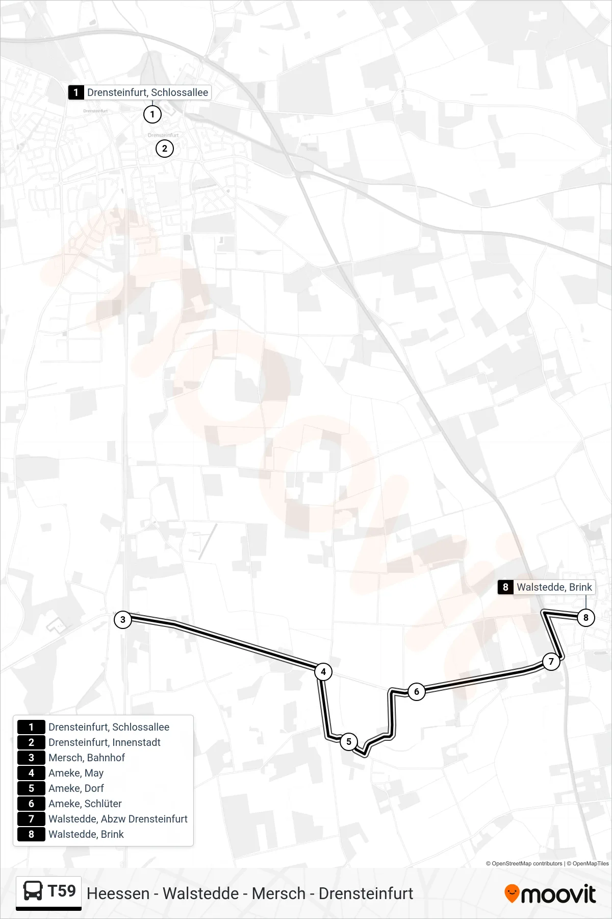 T59 bus Line (Walstedde, Brink) route and stops on a map