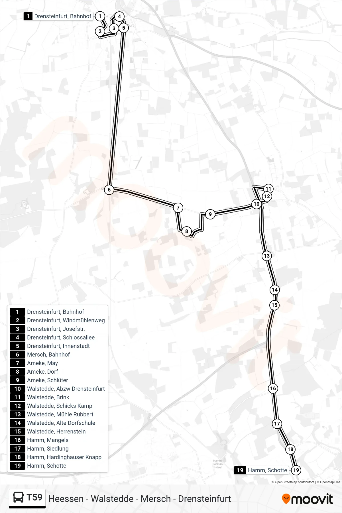 T59 bus Line (Hamm, Schotte) route and stops on a map