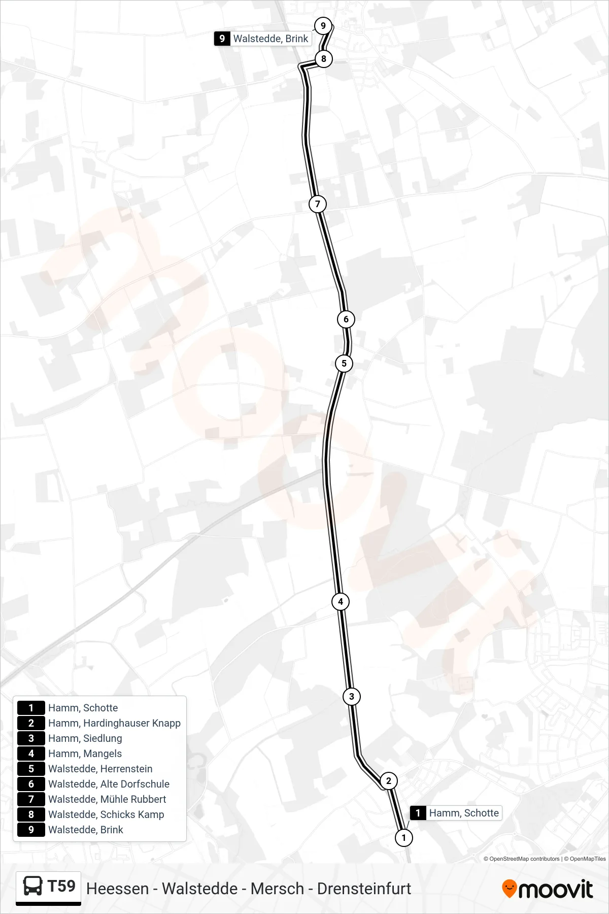 T59 bus Line (Walstedde, Brink) route and stops on a map