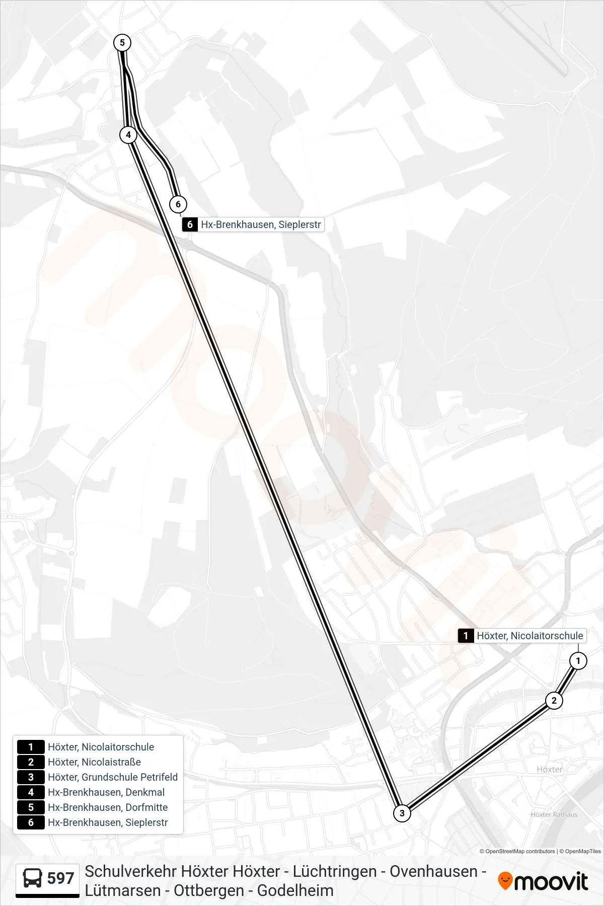 Linie 597 (Bus) Richtung Hx-Brenkhausen, Sieplerstr: Route und Haltestellen auf der Karte