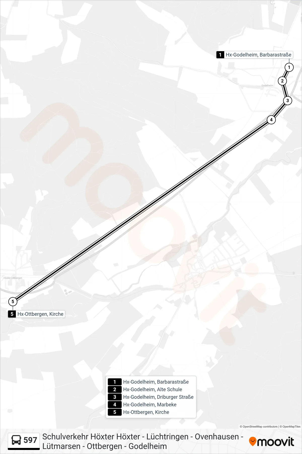 597 bus Line (Hx-Ottbergen, Kirche) route and stops on a map