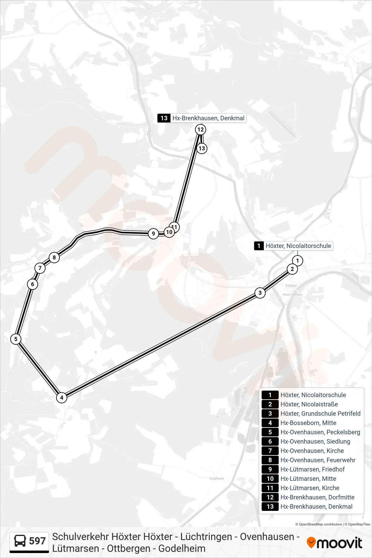 597 bus Line (Hx-Brenkhausen, Denkmal) route and stops on a map
