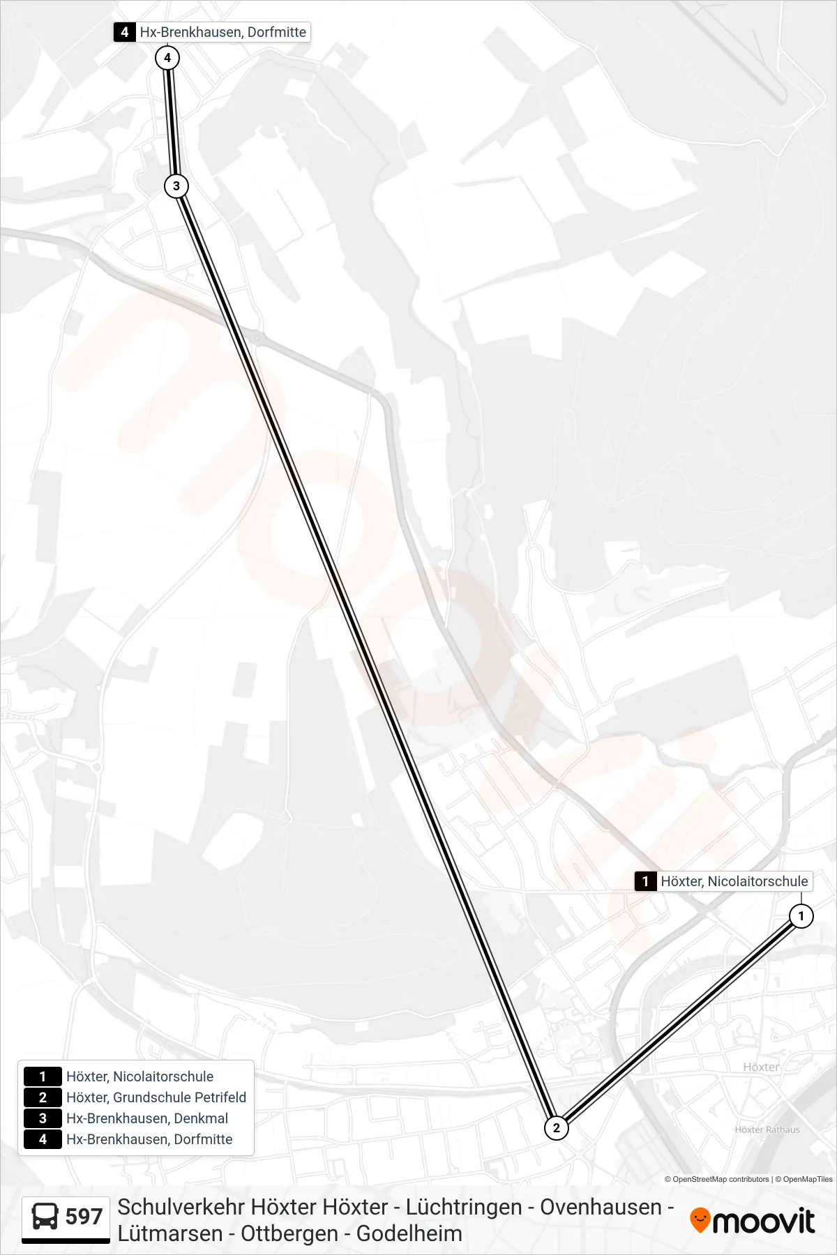 Linie 597 (Bus) Richtung Hx-Brenkhausen, Dorfmitte: Route und Haltestellen auf der Karte